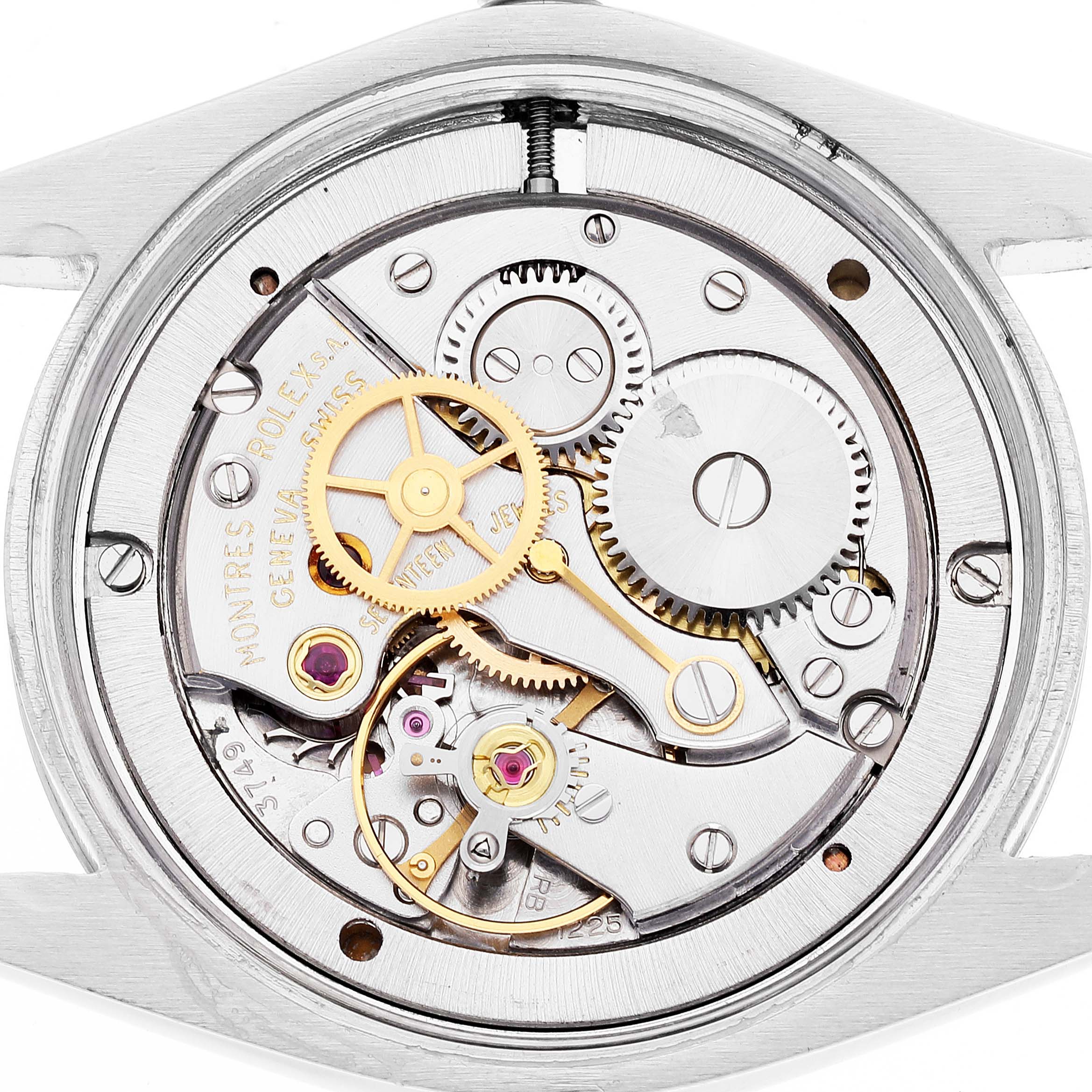 This image shows the internal mechanical movement of the Vintage Collection model by Rolex, viewed from the back.