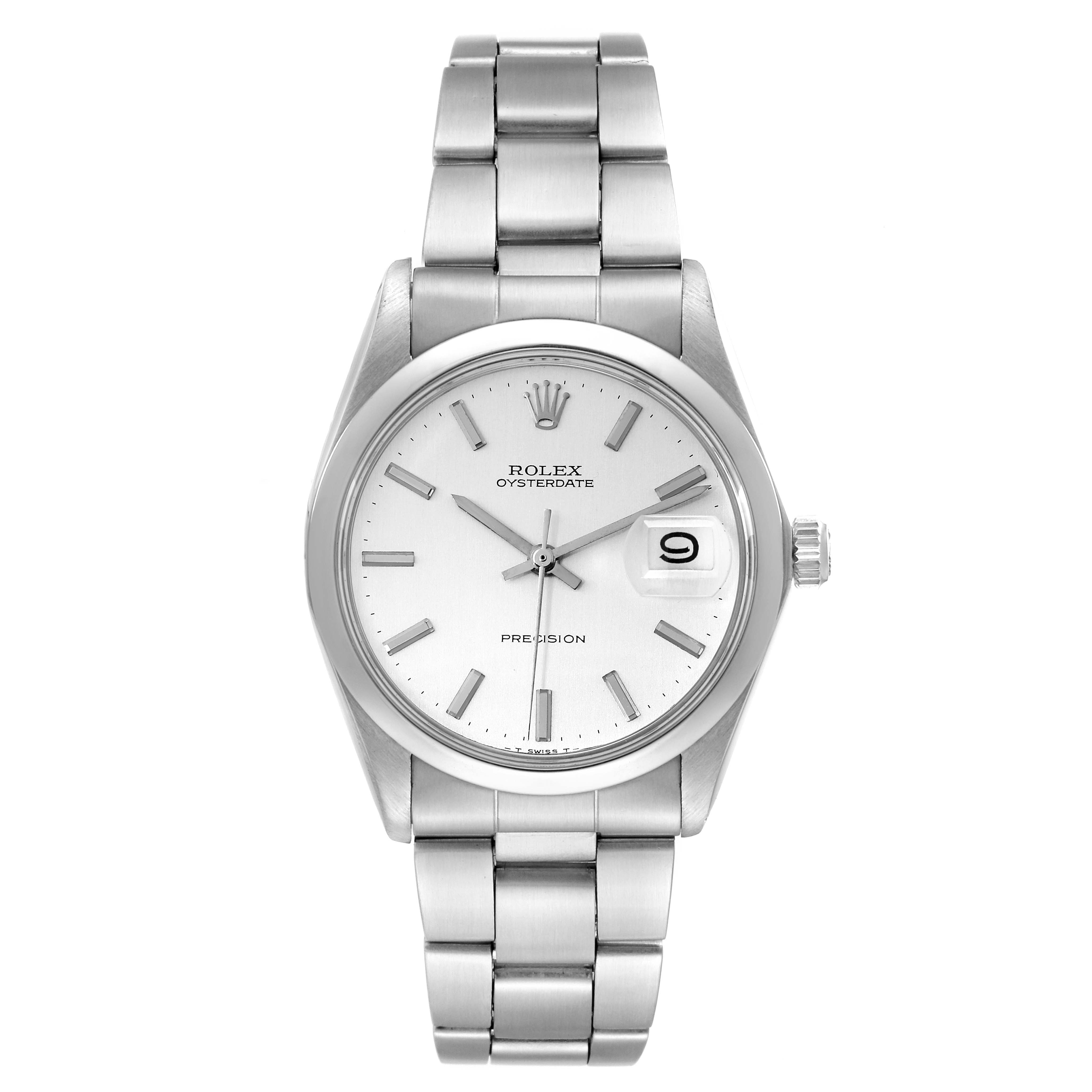 The image shows a frontal view of the Rolex Vintage Collection 6694 Men's Stainless Steel Silver Dial 6694 Men's Stainless Steel Silver Dial watch, featuring its dial, bracelet, and date display.