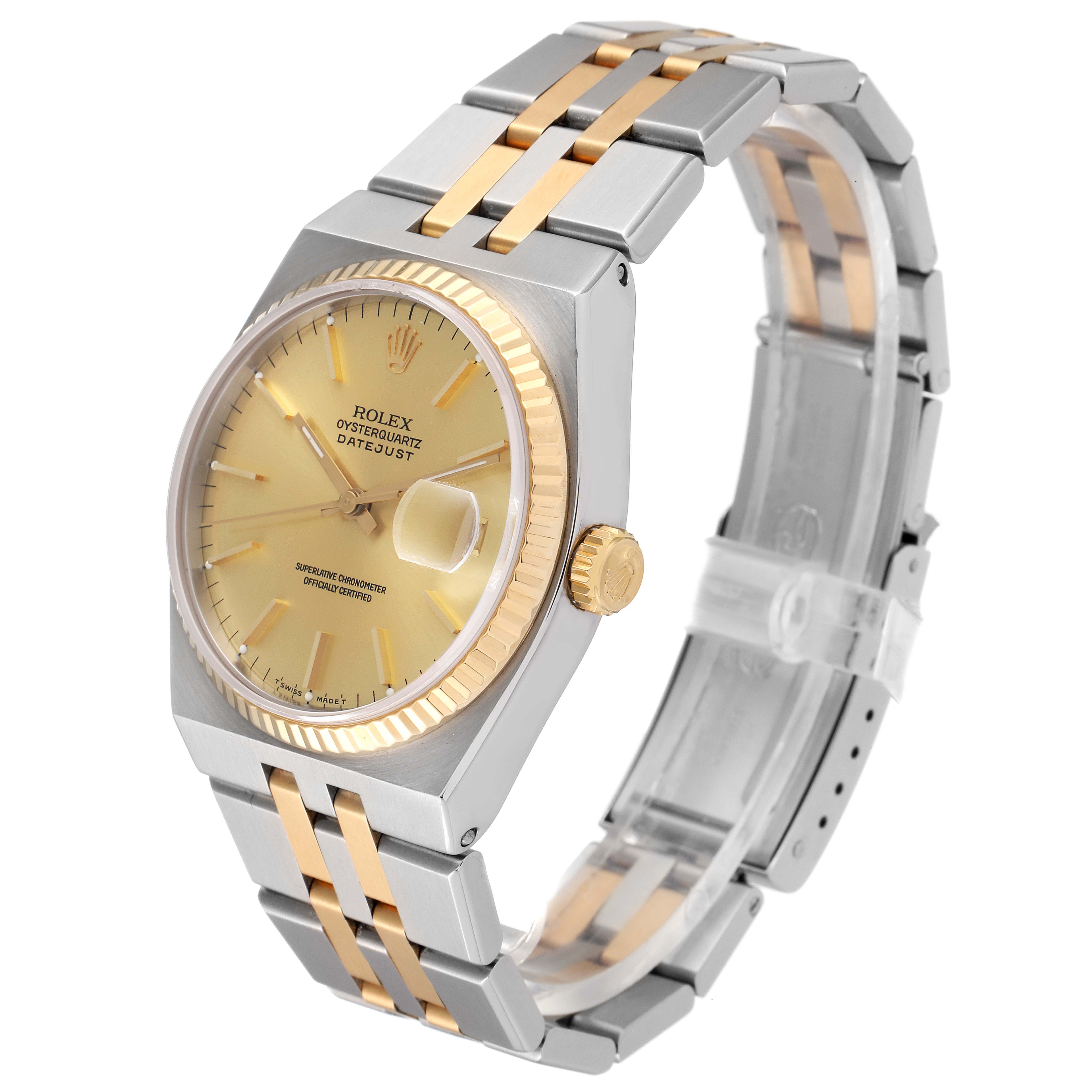 The Rolex Oysterquartz 17013 Men's Steel and Gold (two tone) Champagne Dial 17013 Men's Steel and Gold (two tone) Champagne Dial watch is shown at a three-quarter angle, highlighting the dial, bezel, crown, and two-tone bracelet.