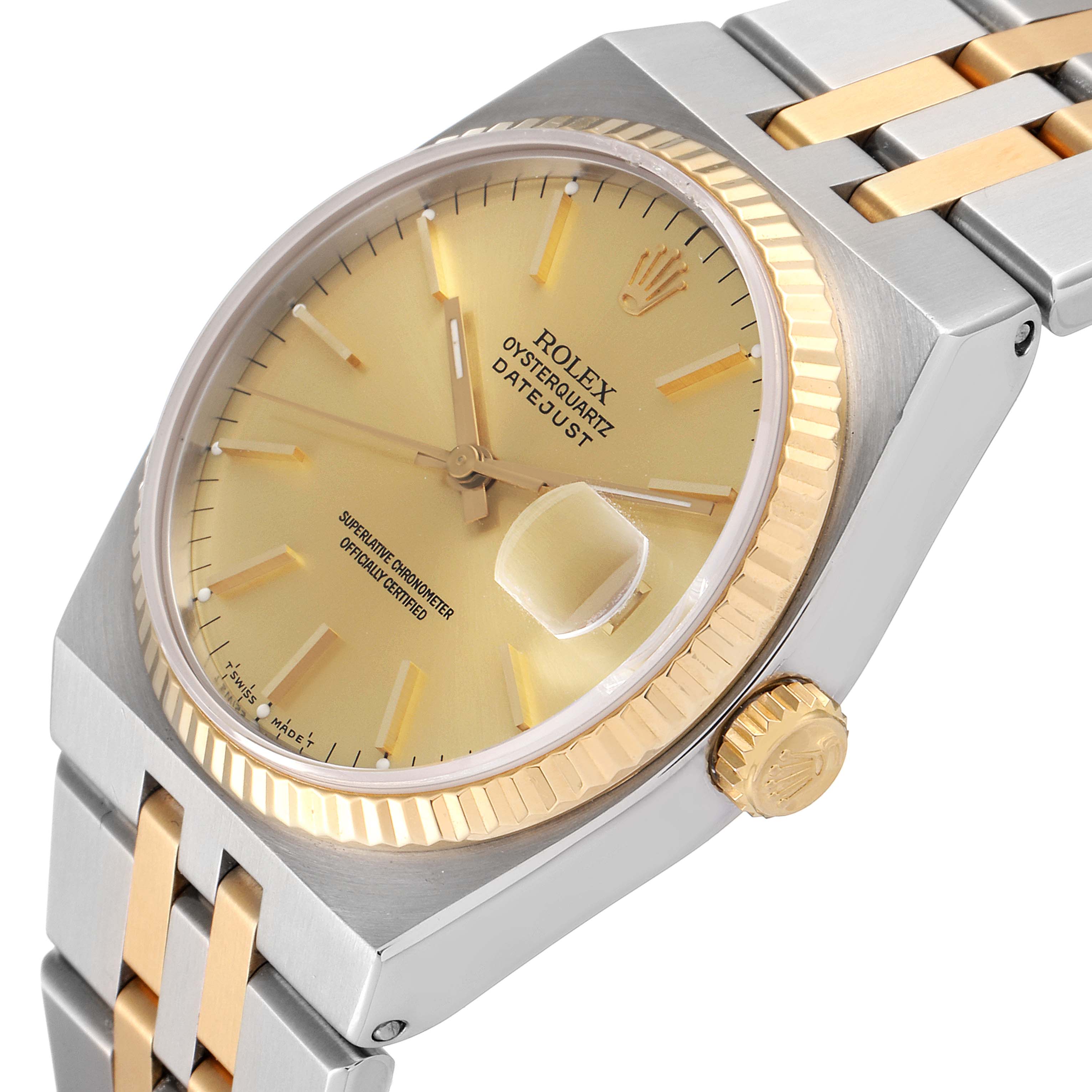 The image shows a close-up of the Rolex Oysterquartz 17013 Men's Steel and Gold (two tone) Champagne Dial 17013 Men's Steel and Gold (two tone) Champagne Dial model, highlighting its gold bezel, crown, and two-tone bracelet.