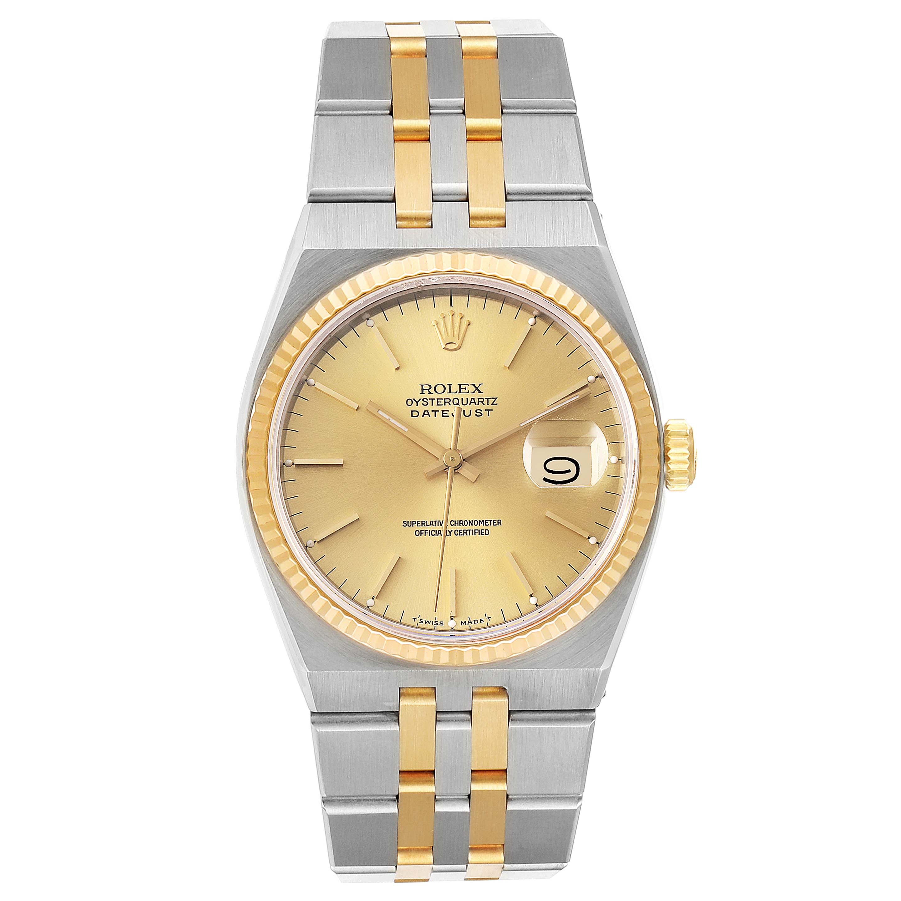 This image shows a frontal view of the Rolex Oysterquartz 17013 Men's Steel and Gold (two tone) Champagne Dial 17013 Men's Steel and Gold (two tone) Champagne Dial Datejust watch, featuring a gold face, fluted bezel, and two-tone bracelet.