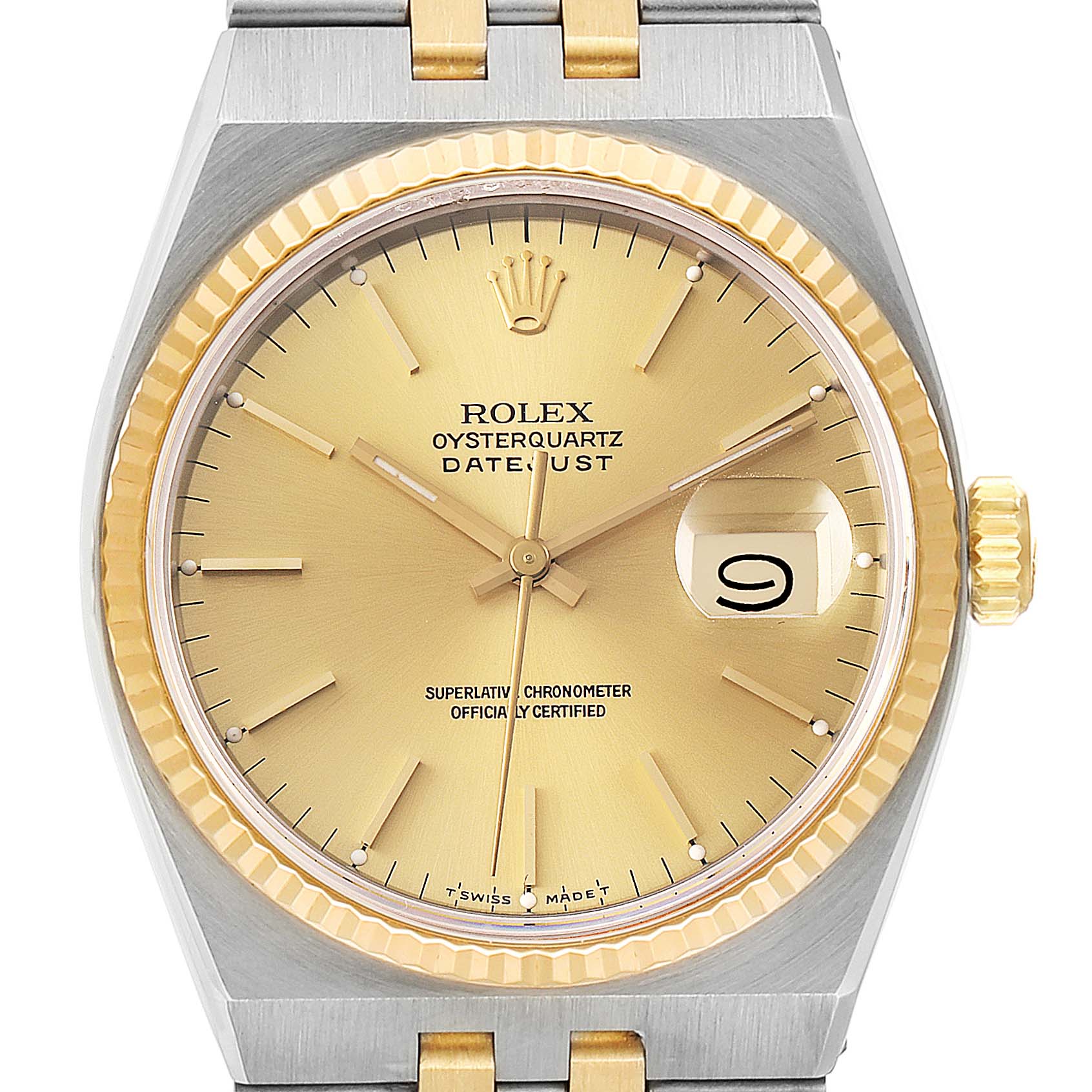 This is a front view of a Rolex Oysterquartz 17013 Men's Steel and Gold (two tone) Champagne Dial 17013 Men's Steel and Gold (two tone) Champagne Dial Datejust, showing the watch face, bezel, crown, and part of the bracelet.