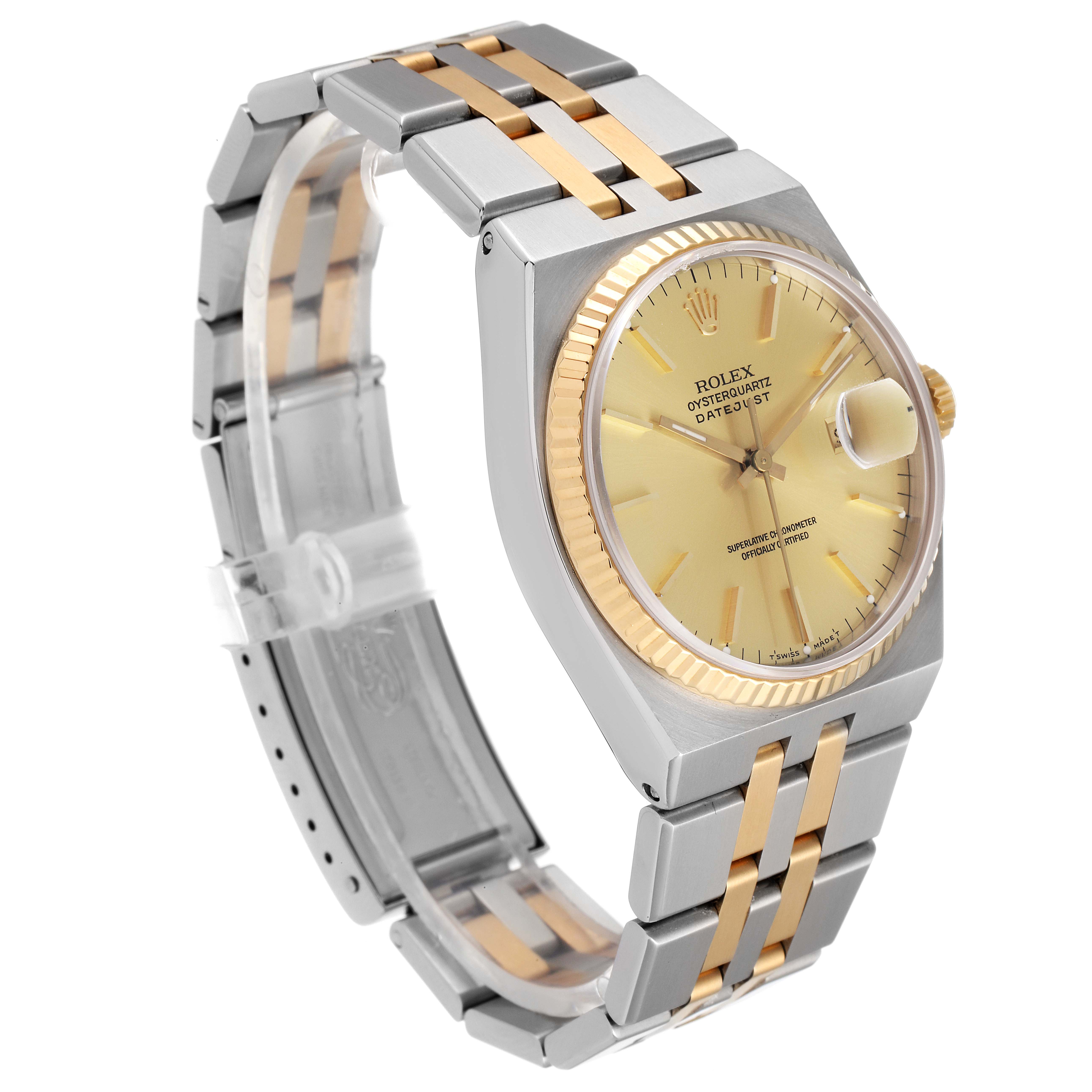 The Rolex Oysterquartz 17013 Men's Steel and Gold (two tone) Champagne Dial 17013 Men's Steel and Gold (two tone) Champagne Dial watch is shown from a front-side angle, highlighting the face, dial, and two-tone metal bracelet.