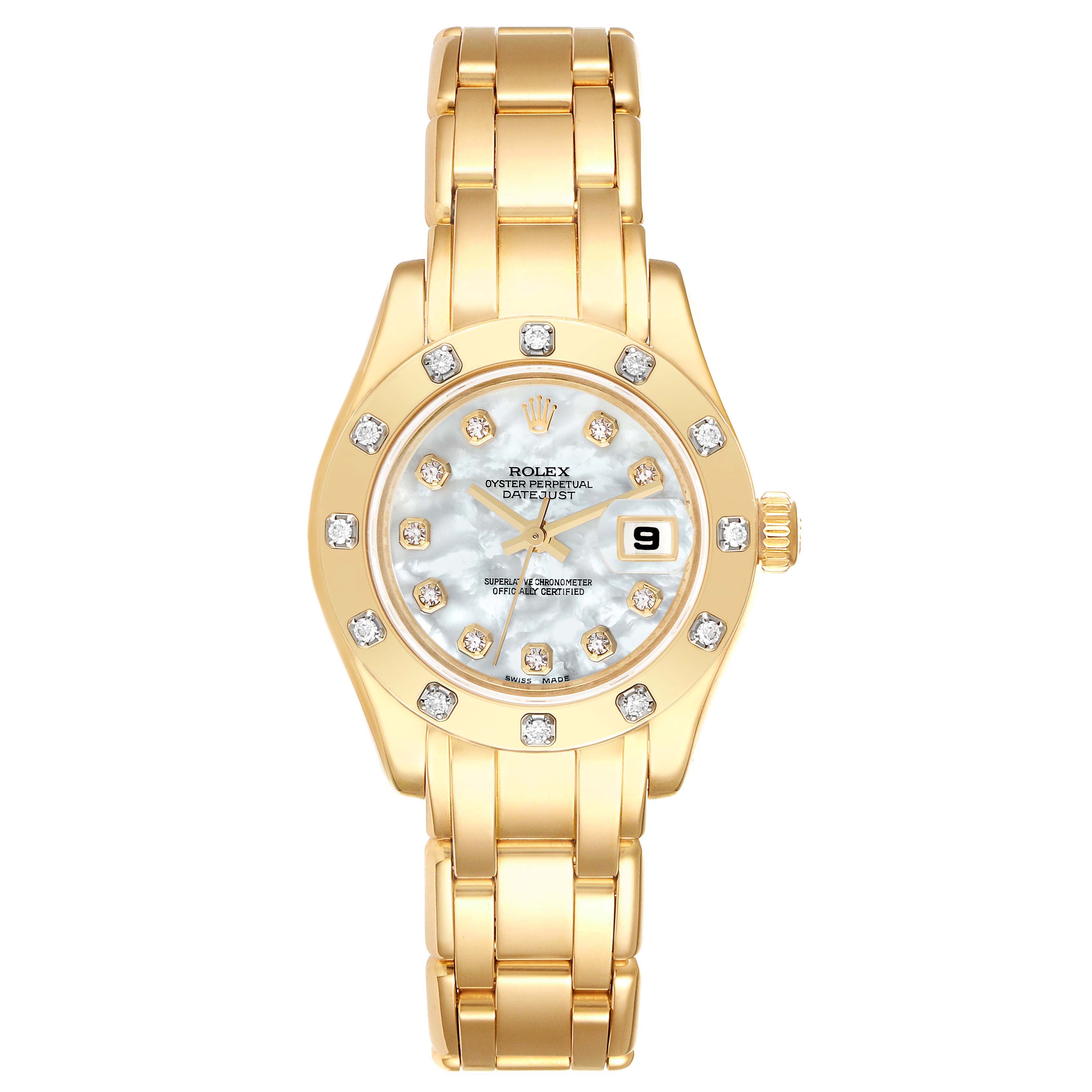 The Rolex Pearlmaster 80318 Women's Yellow Gold Mother of Pearl Dial 80318 Women's Yellow Gold Mother of Pearl Dial watch is shown from a top-down view, displaying its gold bracelet, diamond bezel, and mother-of-pearl dial with date window.