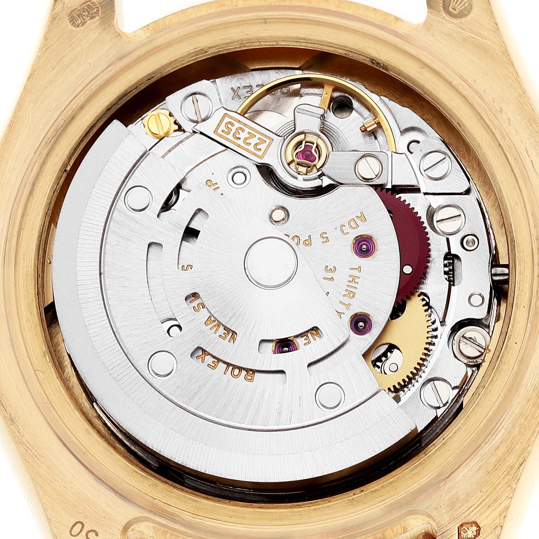 This image shows the intricate internal mechanism of the Rolex Pearlmaster 80318 Women's Yellow Gold Mother of Pearl Dial 80318 Women's Yellow Gold Mother of Pearl Dial watch from a top-down angle.