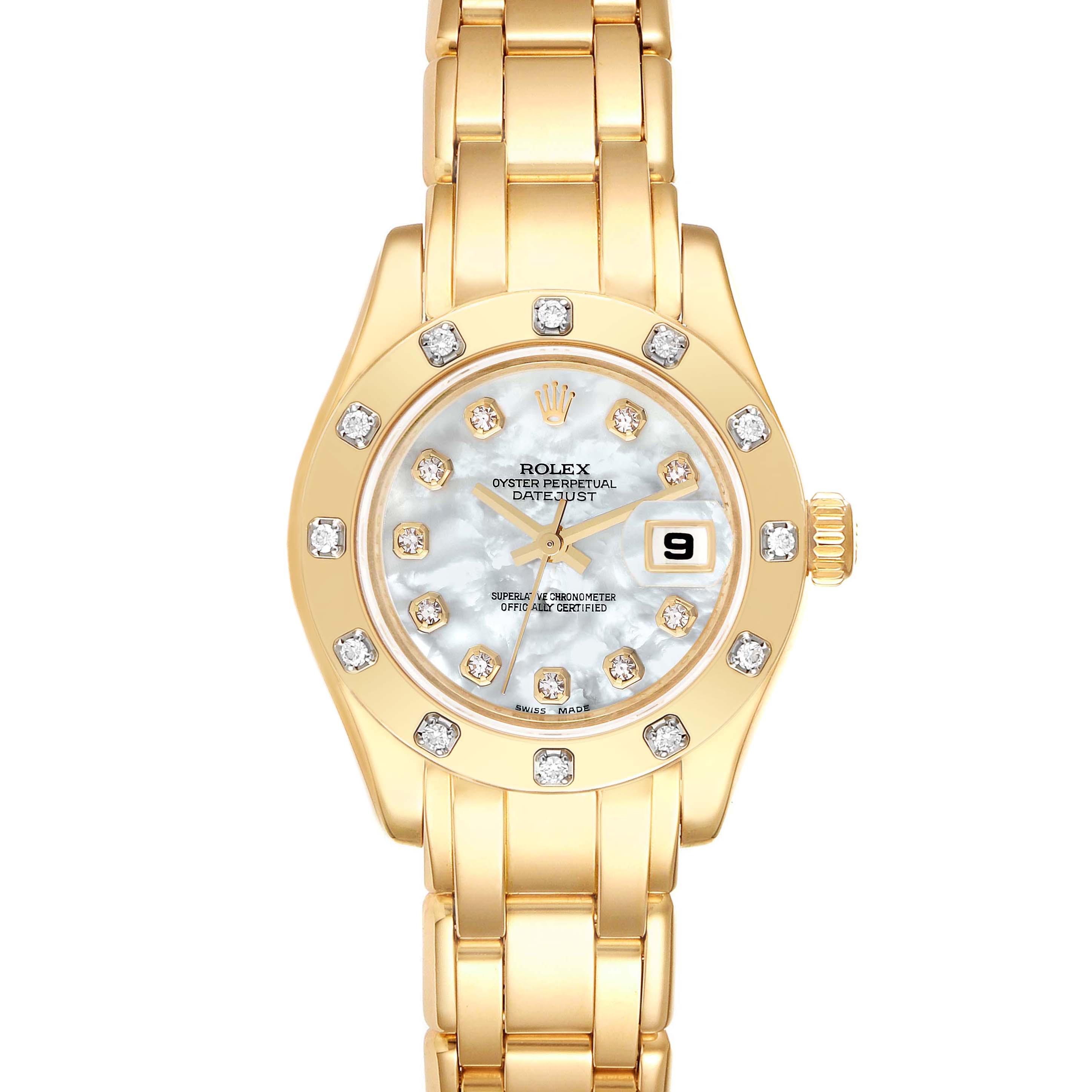The image shows a front view of a Rolex Pearlmaster 80318 Women's Yellow Gold Mother of Pearl Dial 80318 Women's Yellow Gold Mother of Pearl Dial watch, displaying its gold bracelet, diamond-studded bezel, and mother-of-pearl dial.