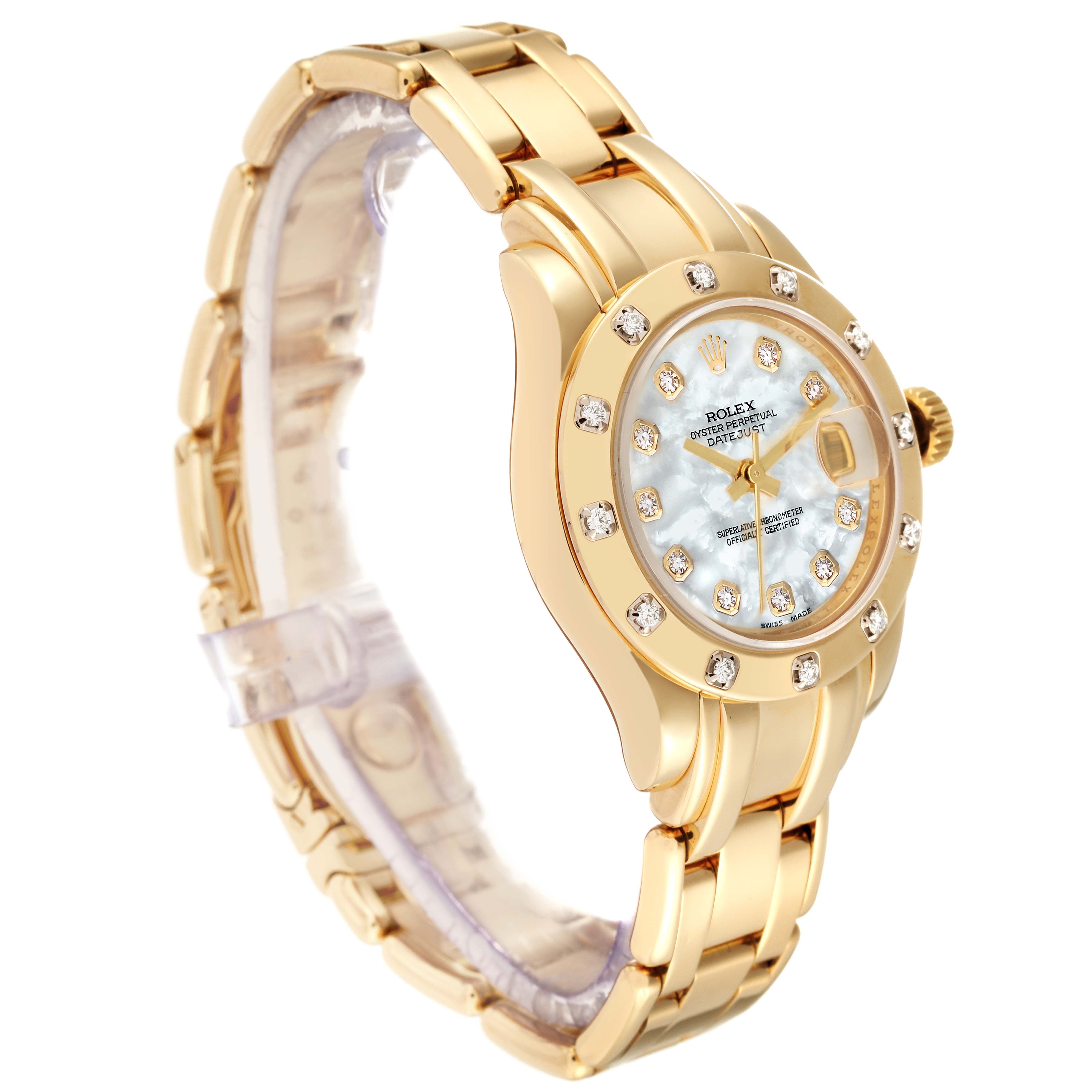 This image shows the Rolex Pearlmaster 80318 Women's Yellow Gold Mother of Pearl Dial 80318 Women's Yellow Gold Mother of Pearl Dial watch at a three-quarter angle, displaying the face, bezel, band, and crown.