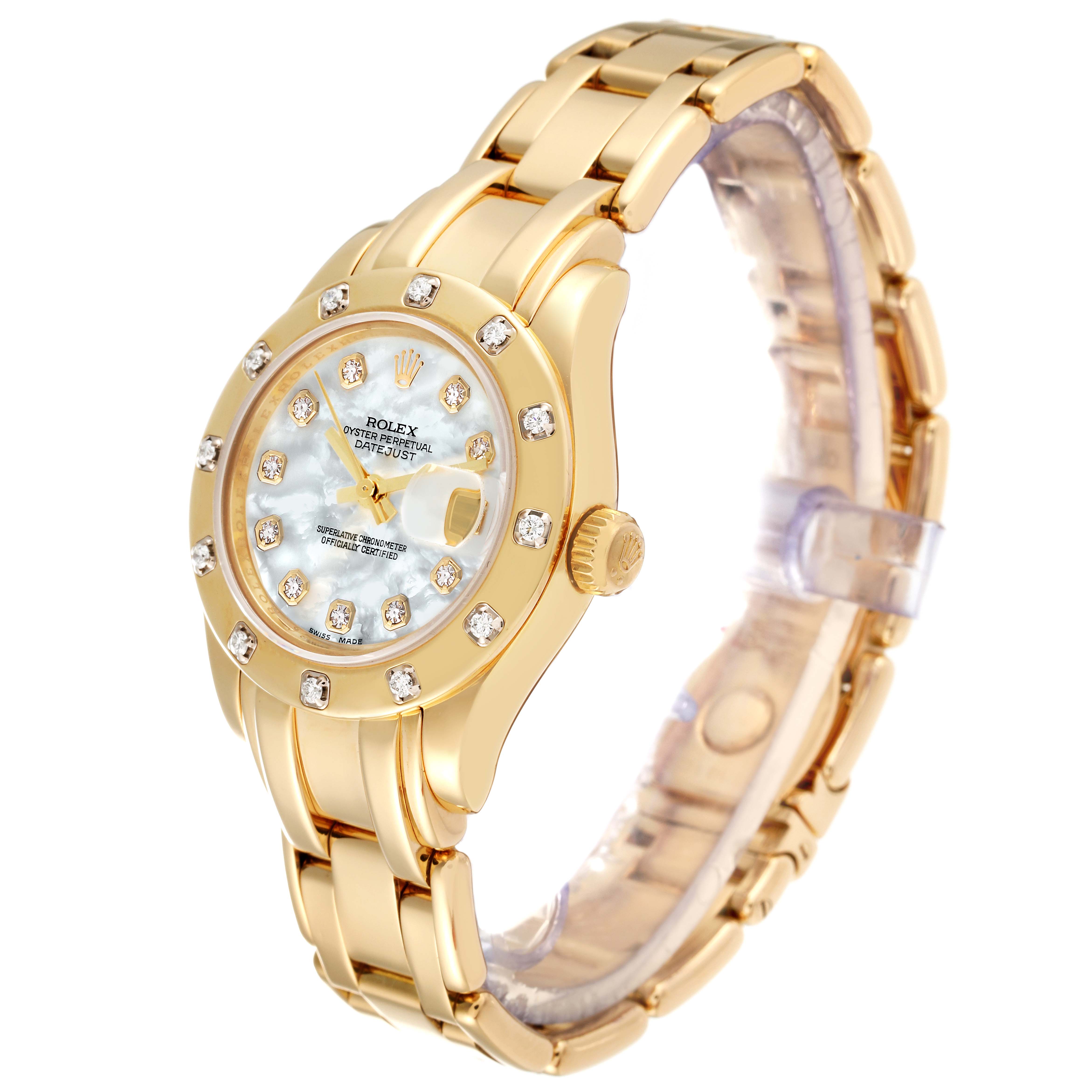 The Rolex Pearlmaster 80318 Women's Yellow Gold Mother of Pearl Dial 80318 Women's Yellow Gold Mother of Pearl Dial watch is shown at a slight angle, highlighting its gold band and diamond-studded bezel and dial.