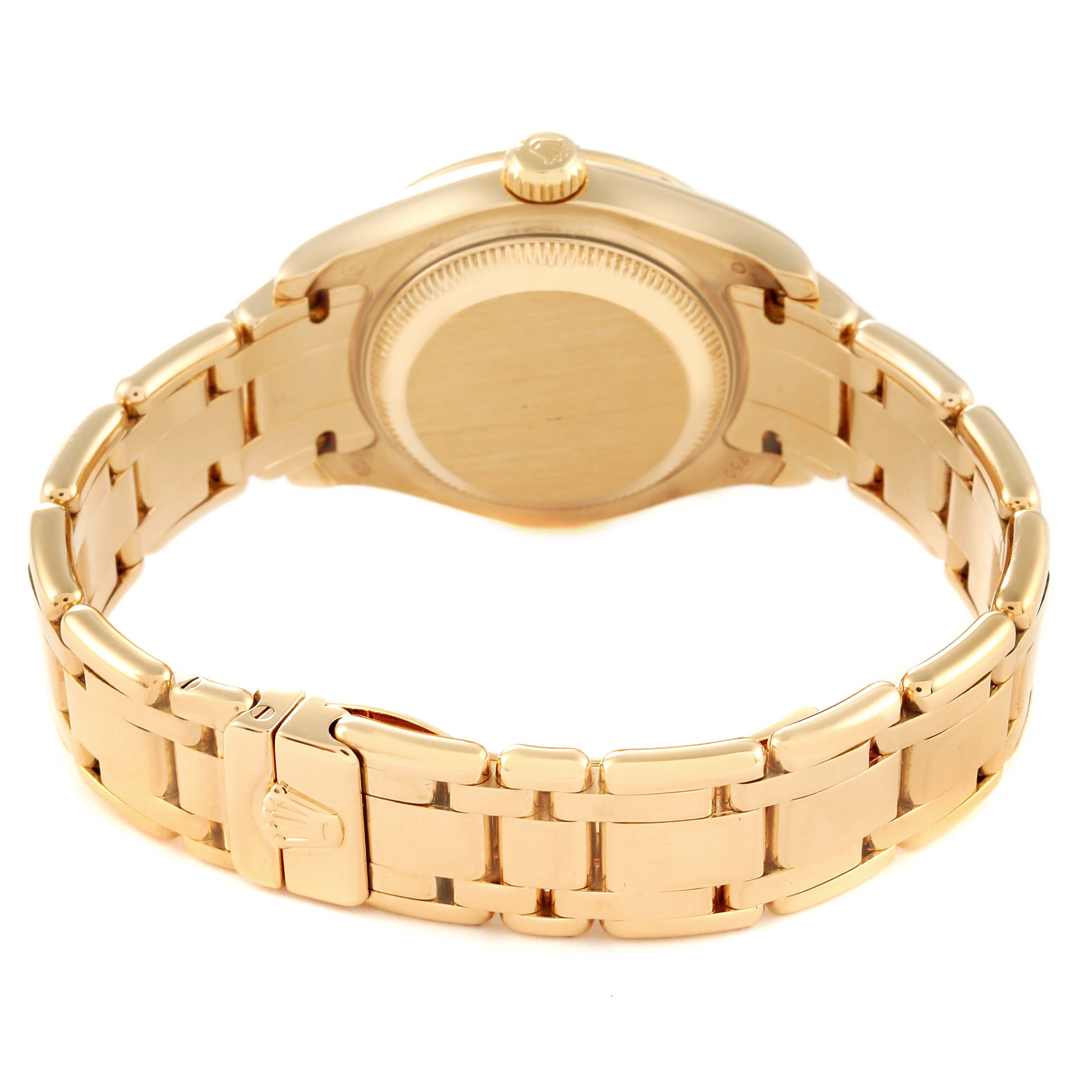 This image shows the back view of a Rolex Pearlmaster 80318 Women's Yellow Gold Mother of Pearl Dial 80318 Women's Yellow Gold Mother of Pearl Dial watch, highlighting the clasp and bracelet.