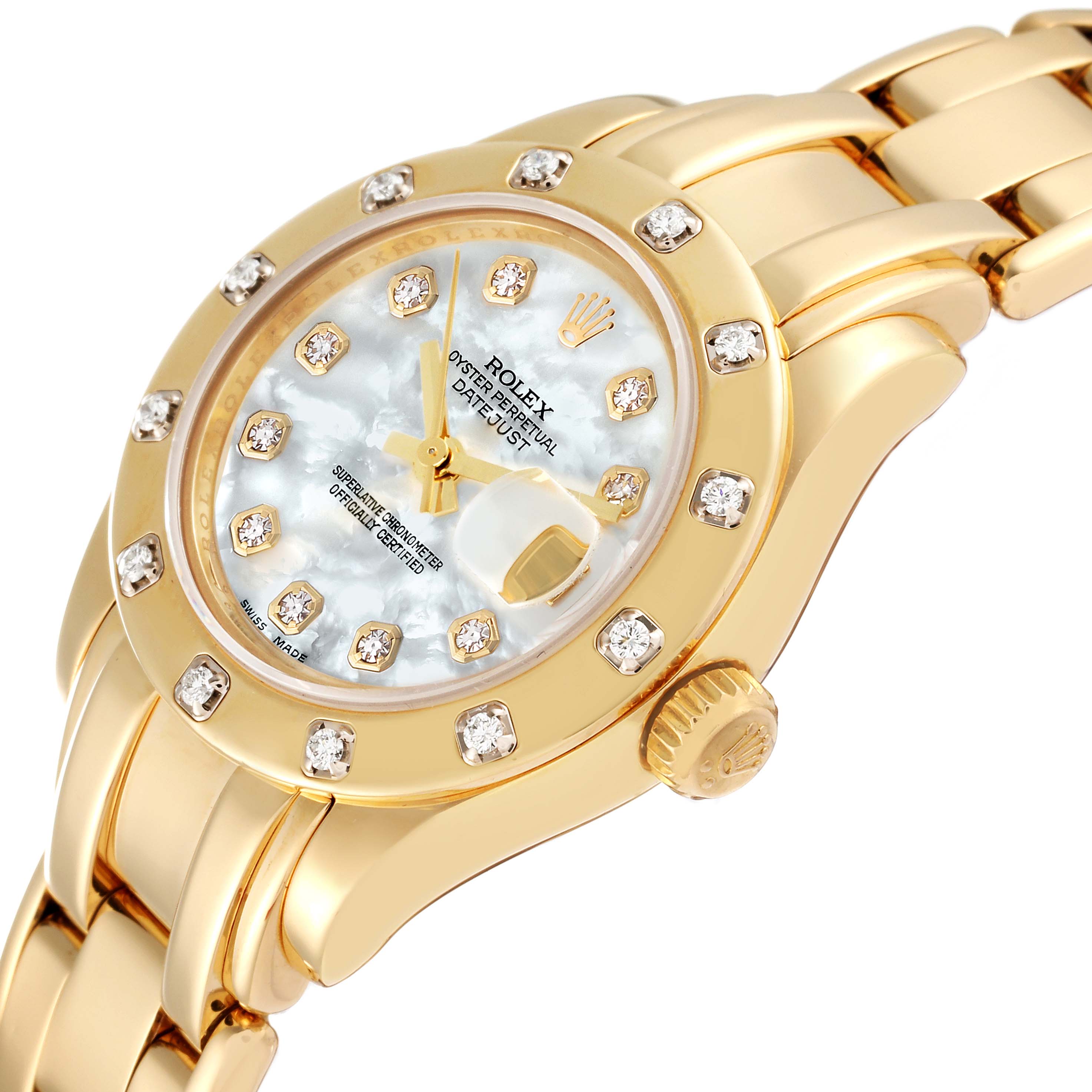 The image shows the face and part of the bracelet of a Rolex Pearlmaster 80318 Women's Yellow Gold Mother of Pearl Dial 80318 Women's Yellow Gold Mother of Pearl Dial watch at an angled close-up.