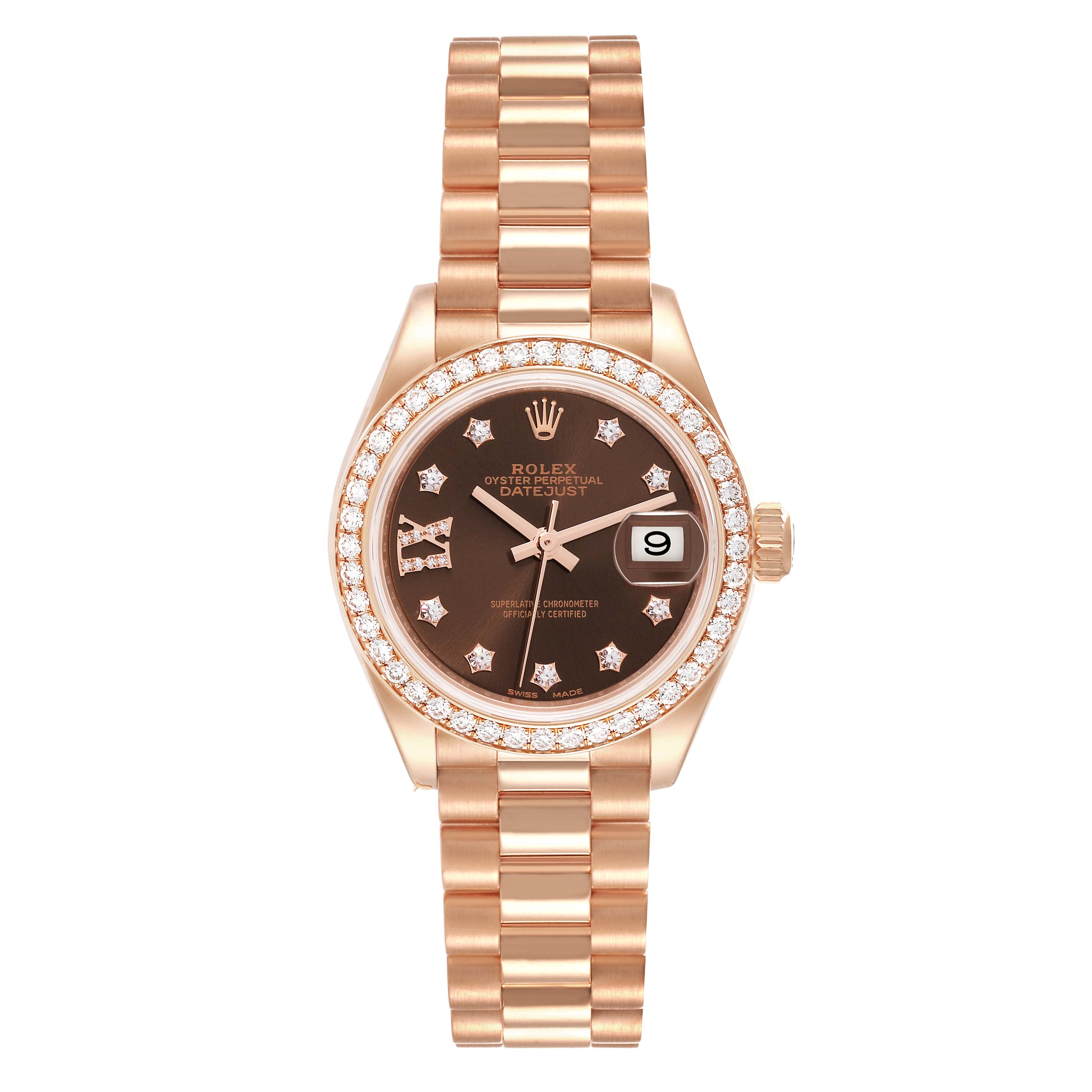 This image shows a Rolex President 279135 Women's Rose Gold Brown Dial 279135 Women's Rose Gold Brown Dial model watch with a gold band, diamond bezel, and dark dial, viewed from the front.