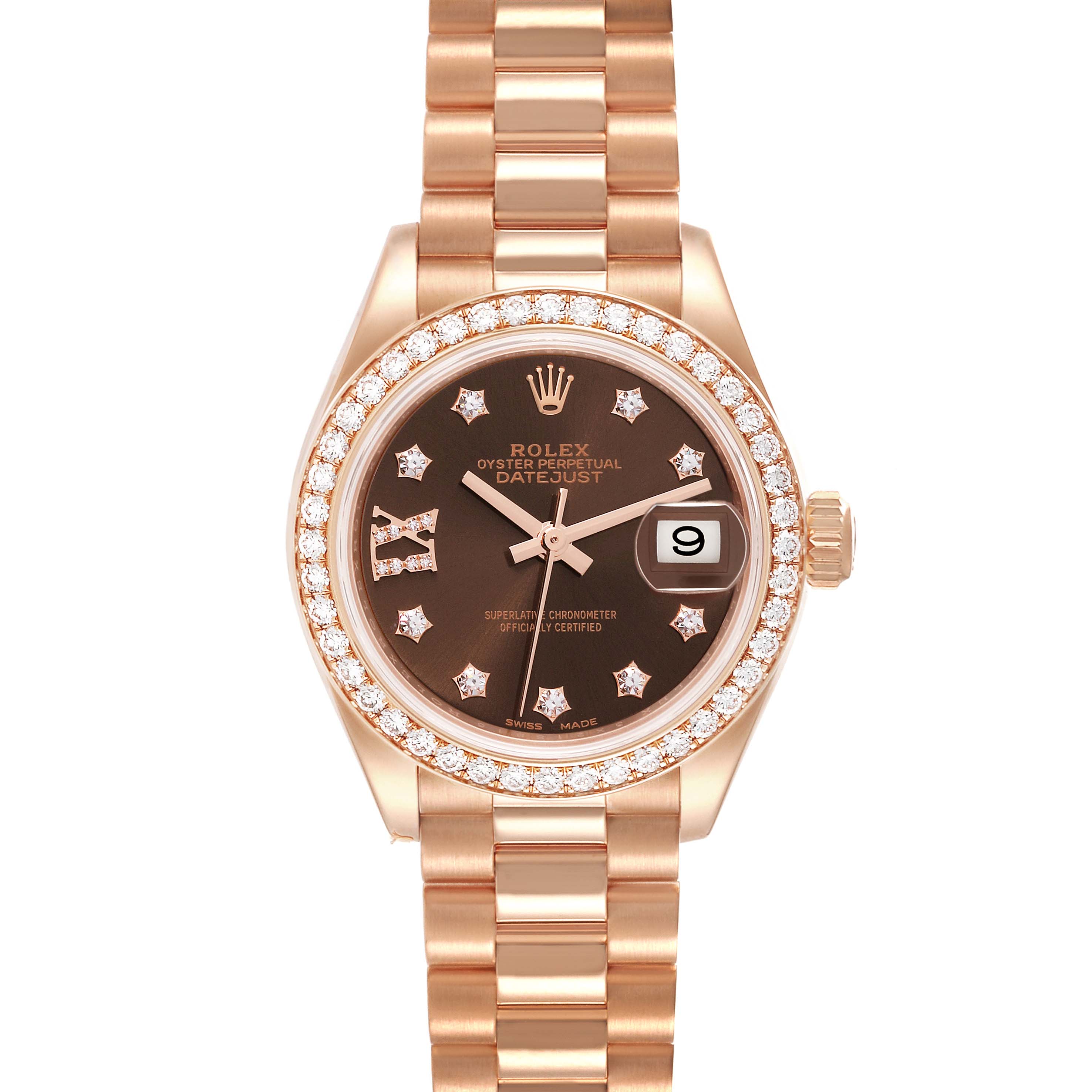 The image shows a front view of a Rolex President 279135 Women's Rose Gold Brown Dial 279135 Women's Rose Gold Brown Dial model watch, featuring a diamond-studded bezel and bracelet.