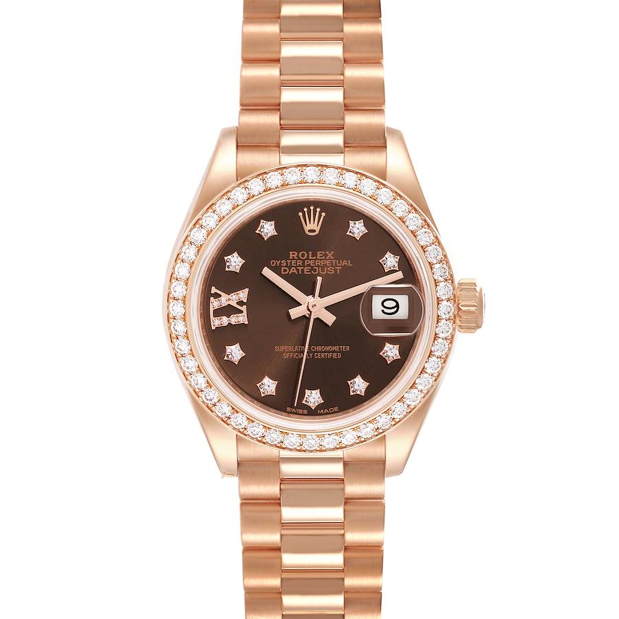 Rolex President 28 Rose Gold Chocolate Diamond Dial Ladies Watch 279135 Unworn SwissWatchExpo