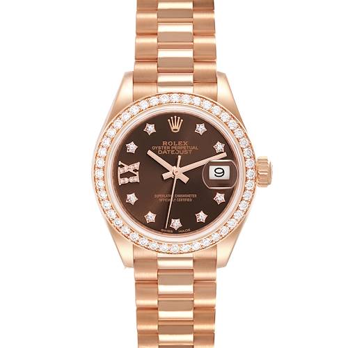 Photo of Rolex President 28 Rose Gold Chocolate Diamond Dial Ladies Watch 279135 Unworn