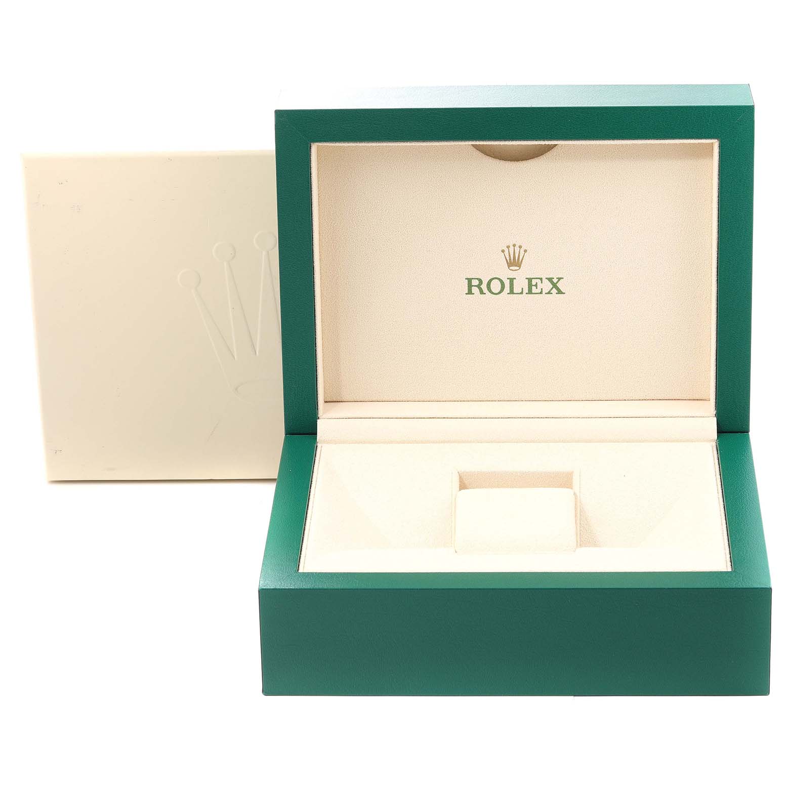 The image shows an open, empty Rolex watch box for the President model, highlighting the interior with the brand logo.