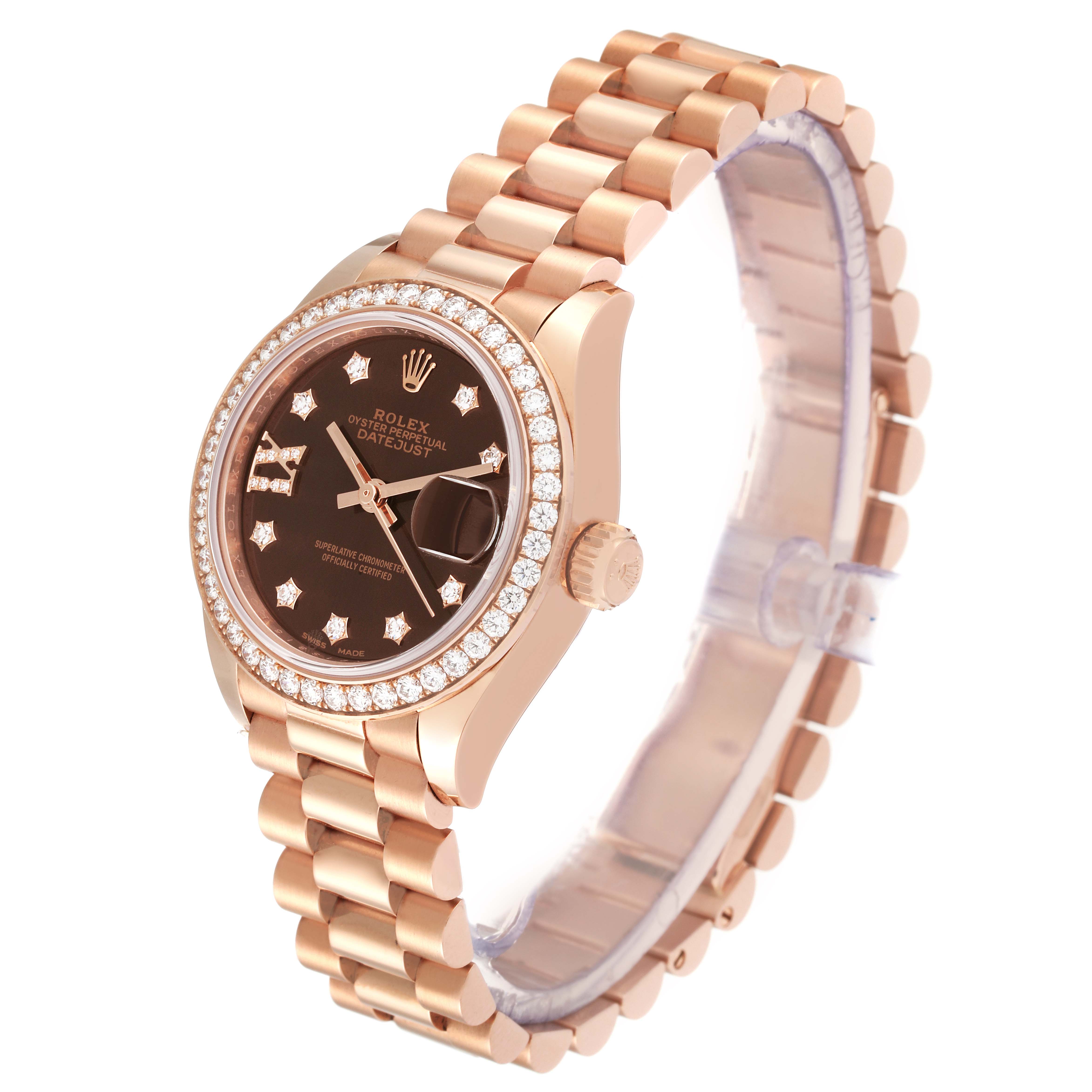 The image shows a Rolex President 279135 Women's Rose Gold Brown Dial 279135 Women's Rose Gold Brown Dial model watch from an angled perspective, highlighting its face, bezel, crown, and bracelet.