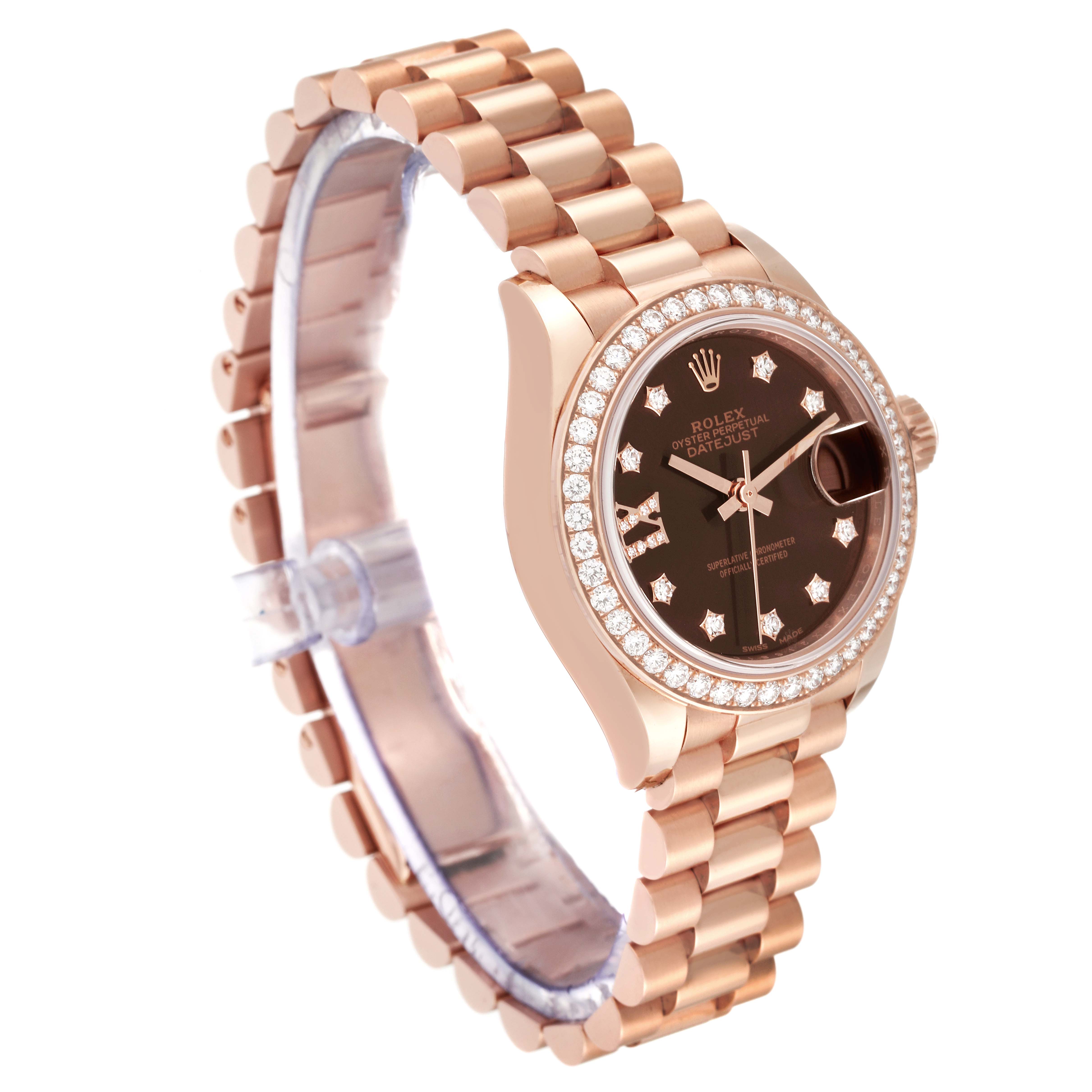 The image shows a Rolex President 279135 Women's Rose Gold Brown Dial 279135 Women's Rose Gold Brown Dial model watch angled to display the face, bezel, and bracelet clearly.