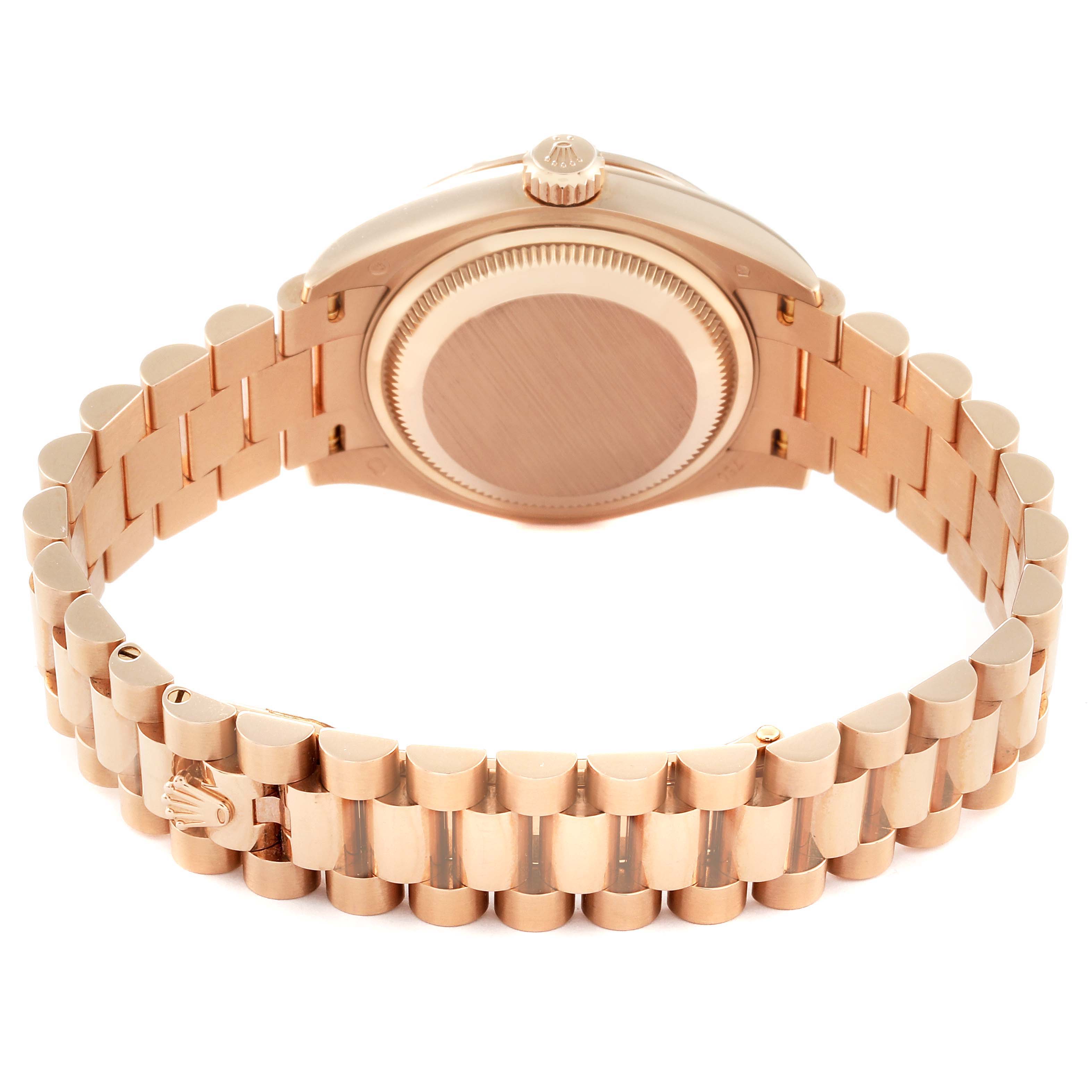 The image shows the back and bracelet of the Rolex President 279135 Women's Rose Gold Brown Dial 279135 Women's Rose Gold Brown Dial model watch, emphasizing the clasp and crown.