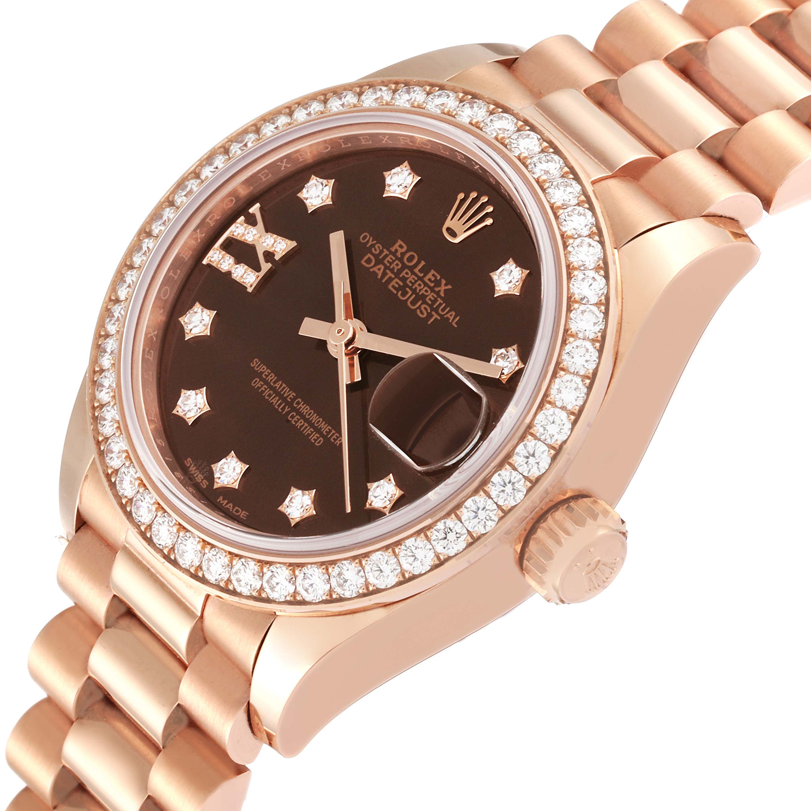 The image shows a close-up of the Rolex President 279135 Women's Rose Gold Brown Dial 279135 Women's Rose Gold Brown Dial watch's face, bezel, crown, and part of the bracelet at an angled view.