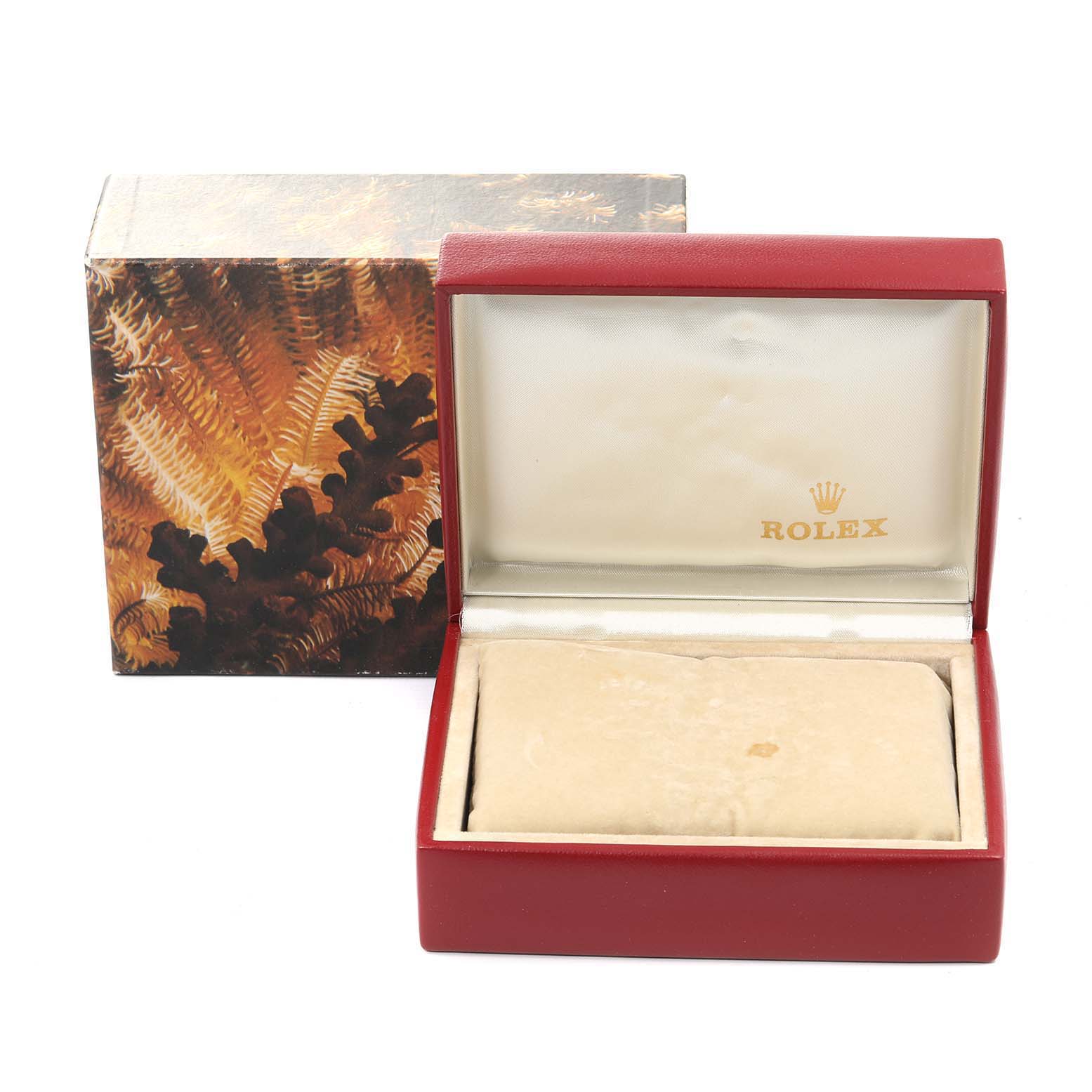 The image shows a Rolex President 69178 Women
s Yellow Gold Champagne Dial 69178 Women
s Yellow Gold Champagne Dial watch box and packaging, with the box open to reveal the interior cushion.