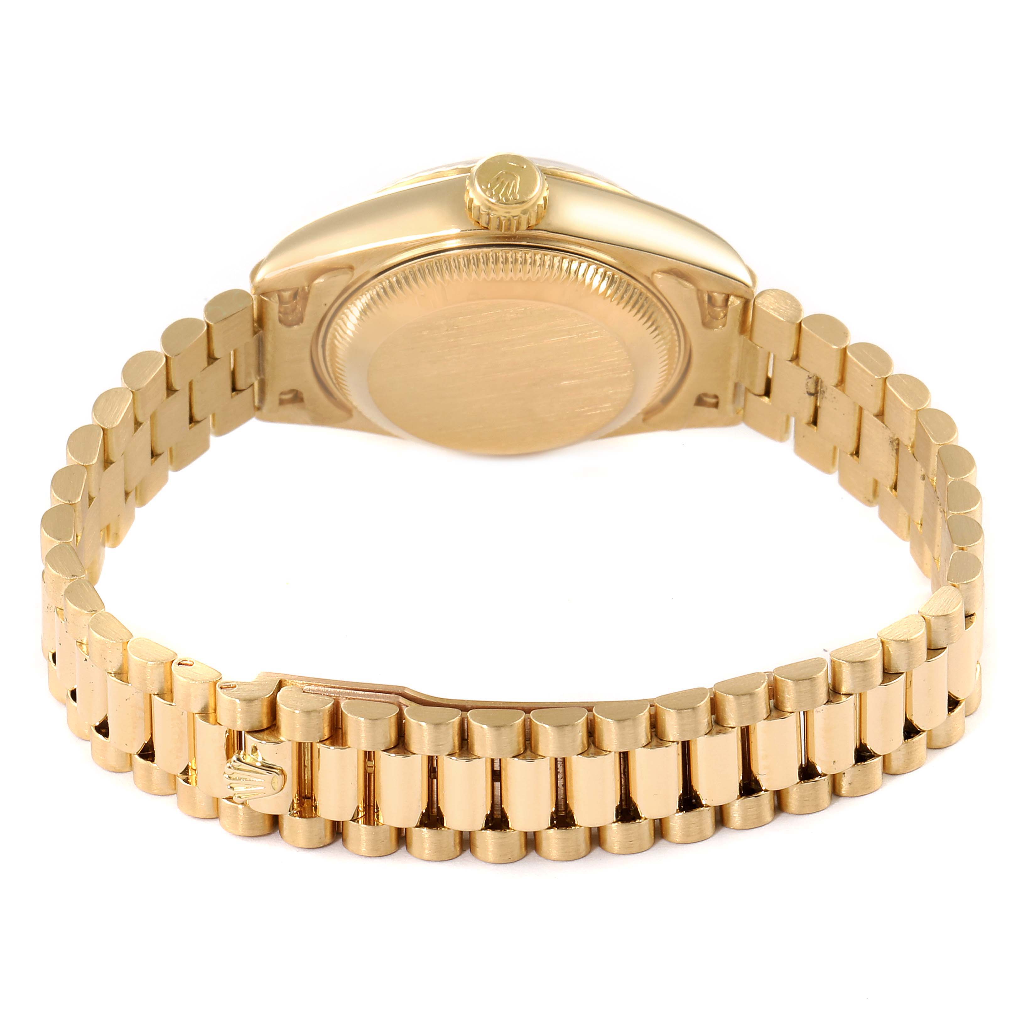 This image shows the back of the Rolex President 69178 Women
s Yellow Gold Champagne Dial 69178 Women
s Yellow Gold Champagne Dial watch, including the case back, crown, and President bracelet.