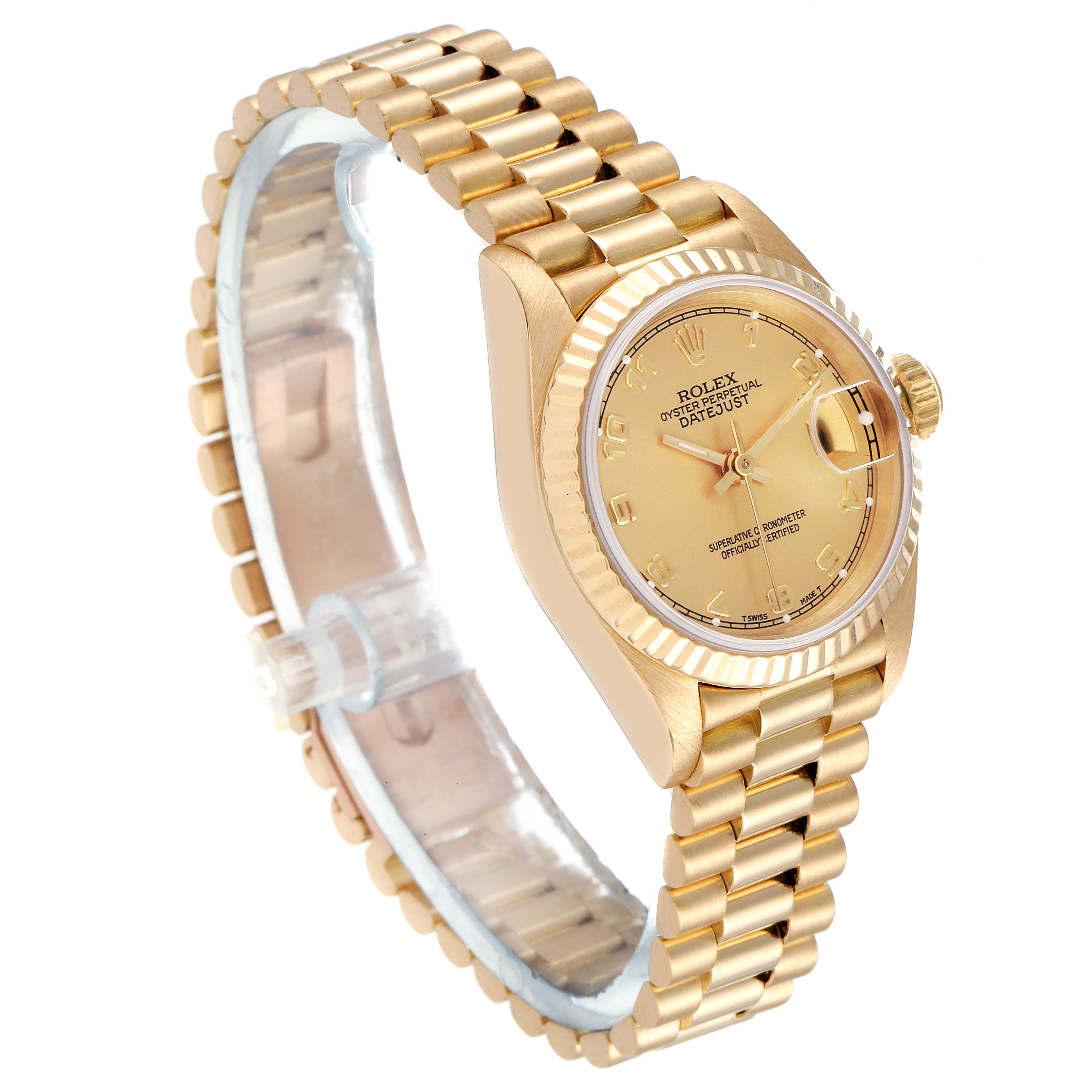 This image shows an angled view of the Rolex President 69178 Women
s Yellow Gold Champagne Dial 69178 Women
s Yellow Gold Champagne Dial model watch, displaying the band, bezel, dial, and crown.