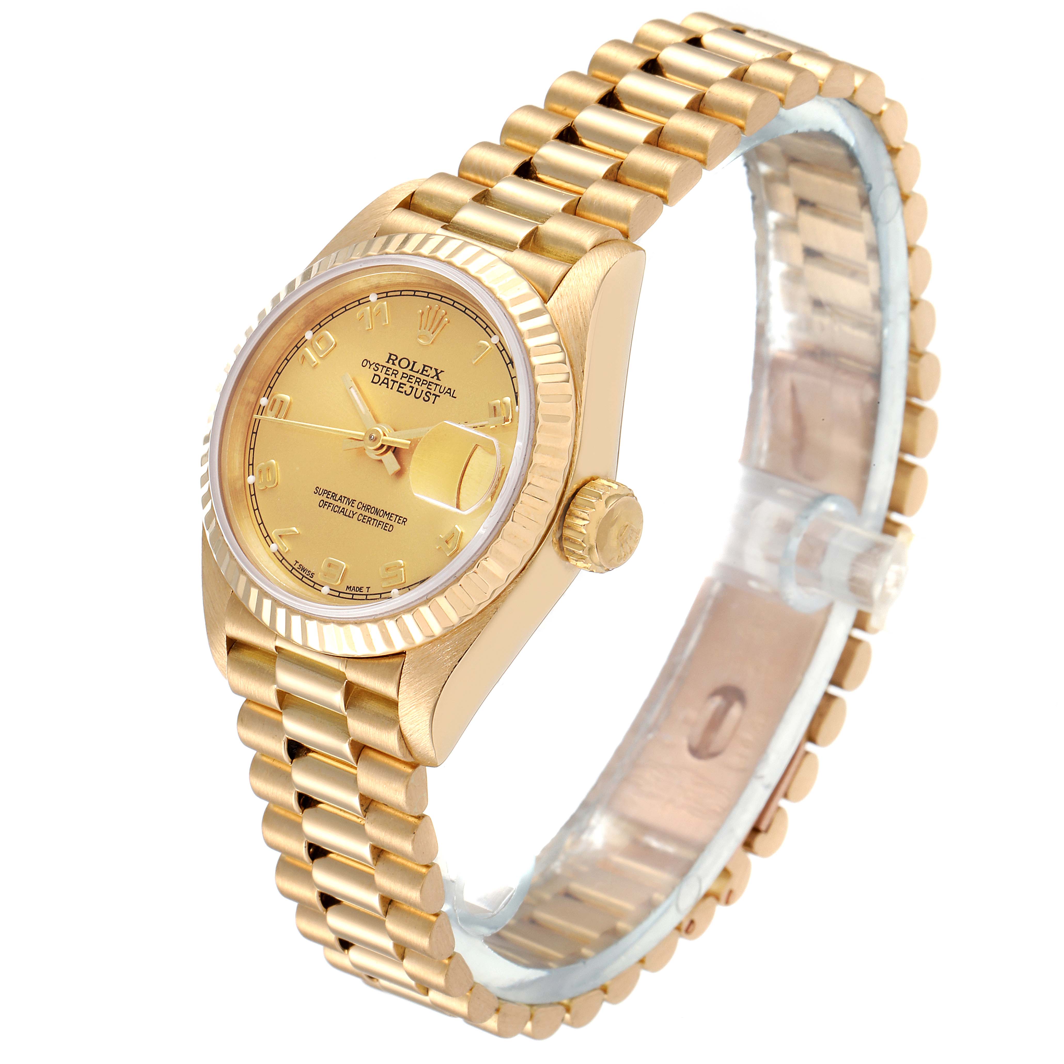 This angled view shows the face, bezel, crown, and bracelet of the Rolex President 69178 Women
s Yellow Gold Champagne Dial 69178 Women
s Yellow Gold Champagne Dial model watch.
