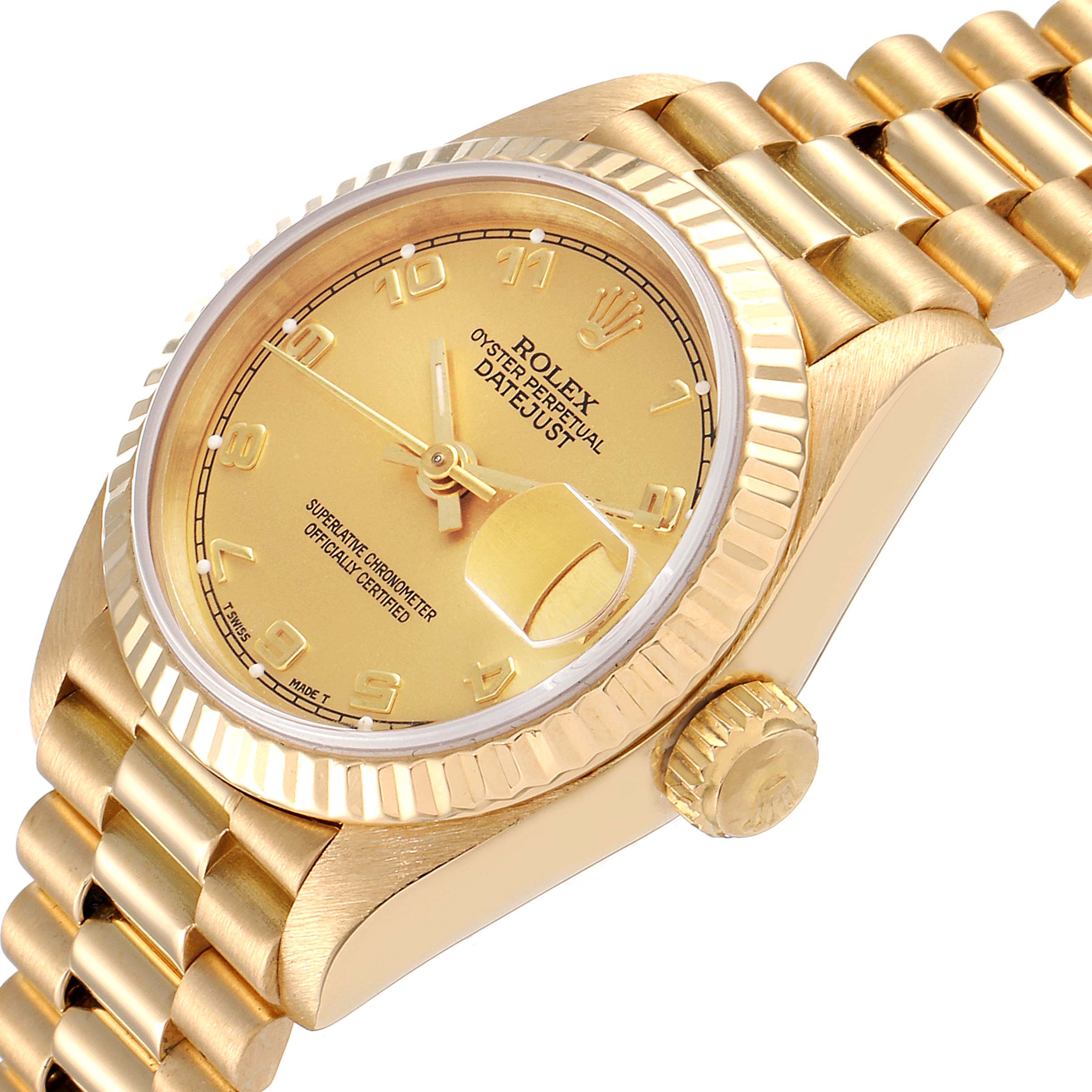 The image shows a side angle of a Rolex President 69178 Women
s Yellow Gold Champagne Dial 69178 Women
s Yellow Gold Champagne Dial model watch, focusing on the face, bezel, crown, and part of the bracelet.