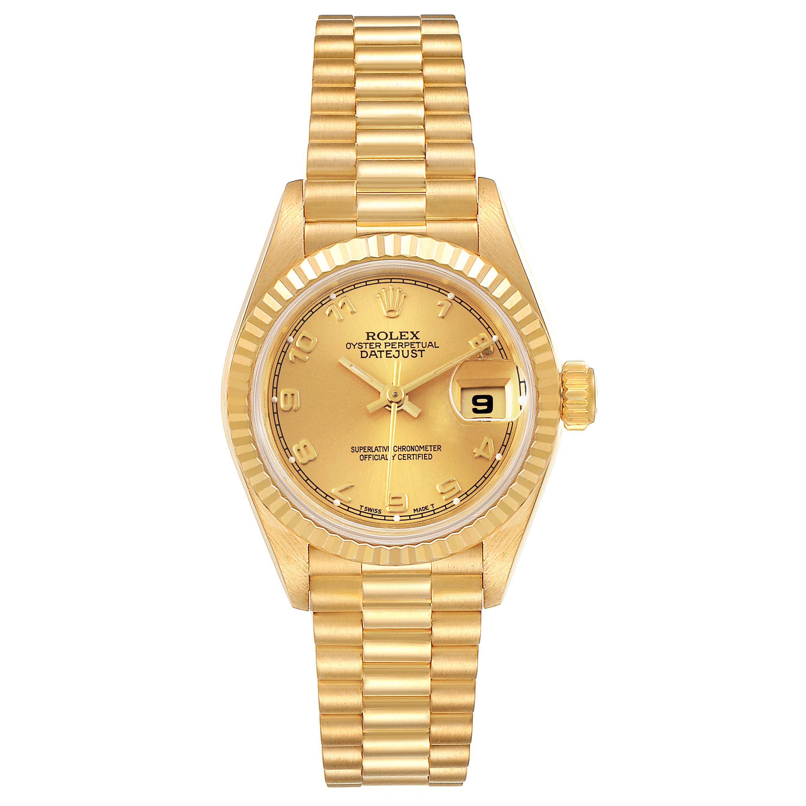 The image shows a Rolex President 69178 Women
s Yellow Gold Champagne Dial 69178 Women
s Yellow Gold Champagne Dial model watch from a front view, displaying its gold band, case, dial, and date window.