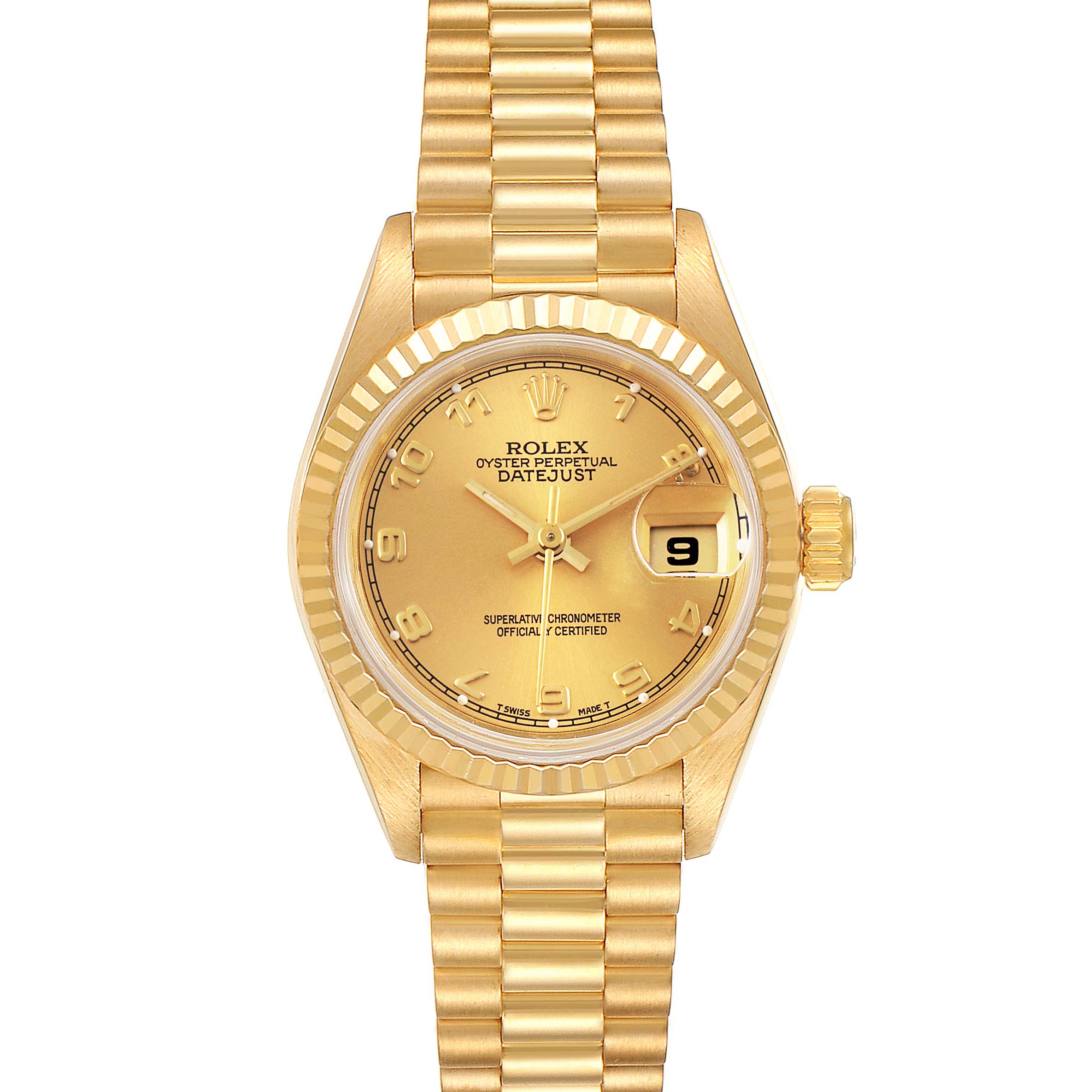 The Rolex President 69178 Women
s Yellow Gold Champagne Dial 69178 Women
s Yellow Gold Champagne Dial model watch is shown from a top view, displaying its gold dial, fluted bezel, and Presidential bracelet.
