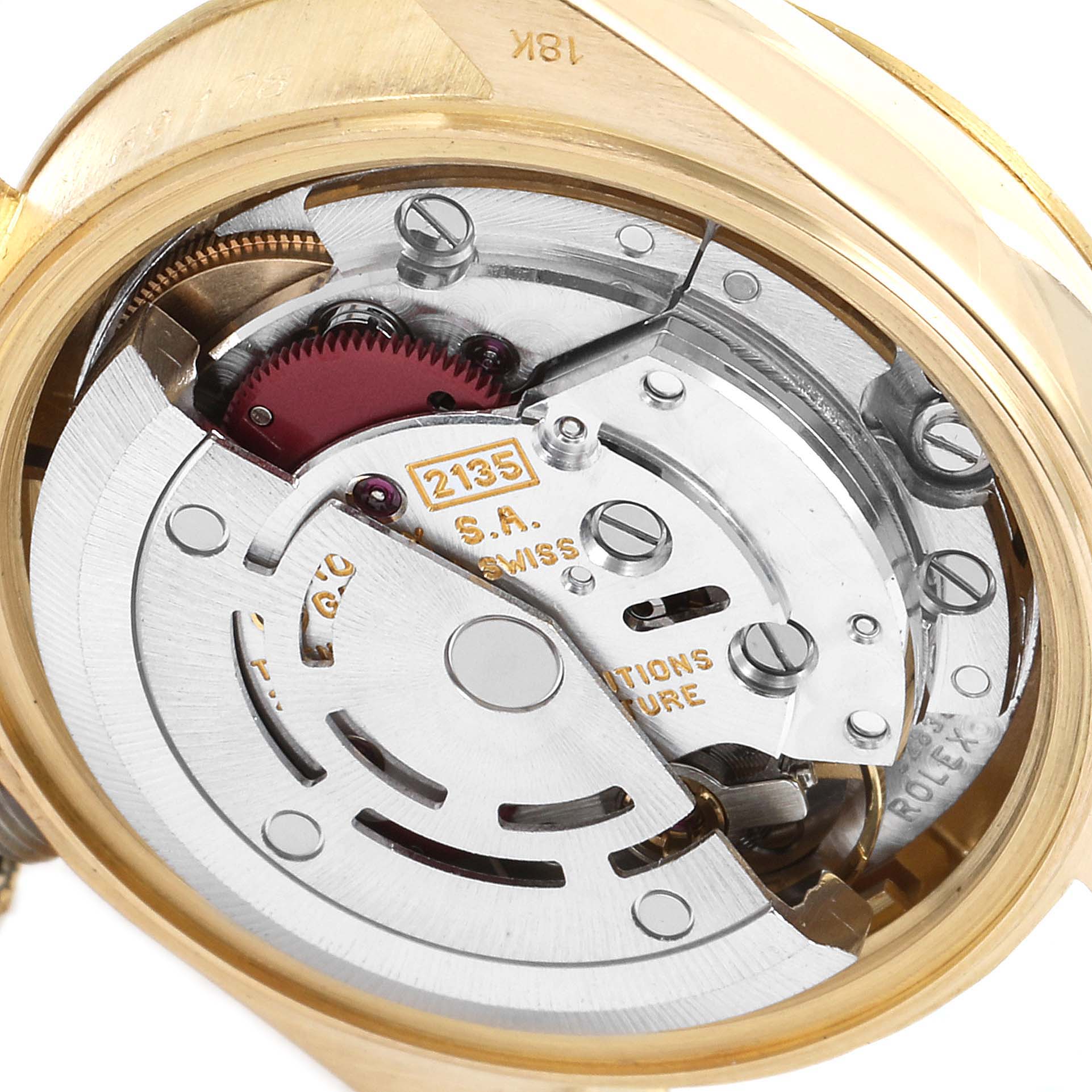 This image shows a close-up angle of the movement inside a Rolex President 69178 Women
s Yellow Gold Champagne Dial 69178 Women
s Yellow Gold Champagne Dial model watch.
