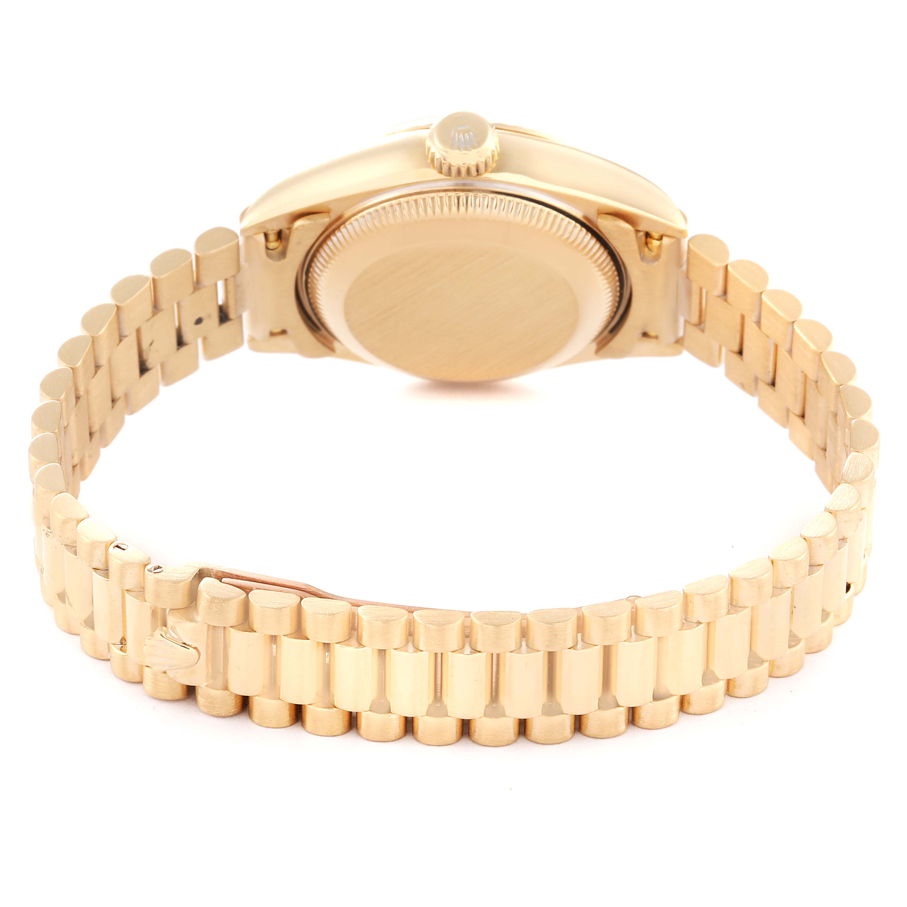 This image shows the back case and bracelet of the Rolex President 69178 Women's Yellow Gold Blue Dial 69178 Women's Yellow Gold Blue Dial model watch.