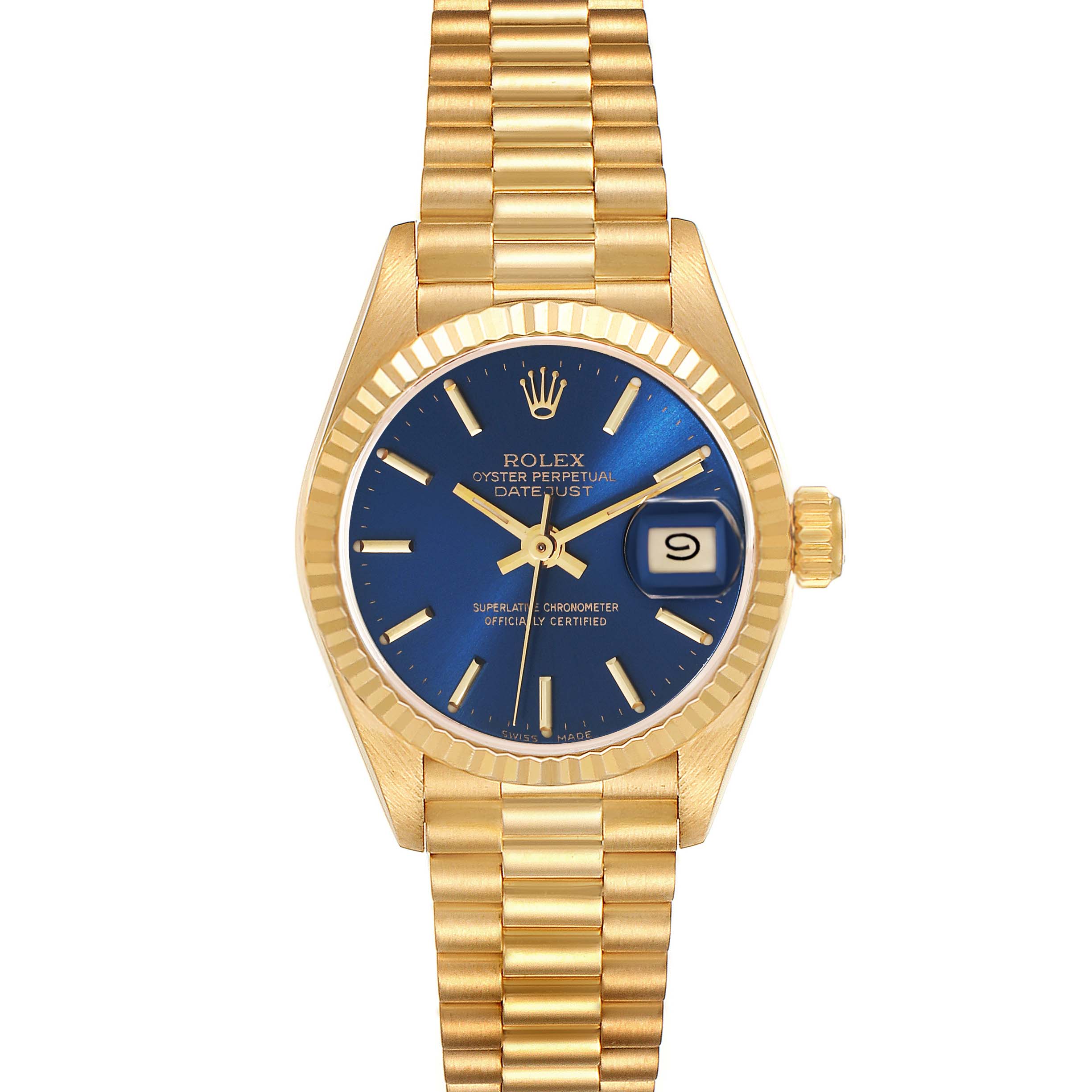 The image shows a frontal view of a Rolex President 69178 Women's Yellow Gold Blue Dial 69178 Women's Yellow Gold Blue Dial model watch, displaying the face, date, hands, and part of the bracelet.