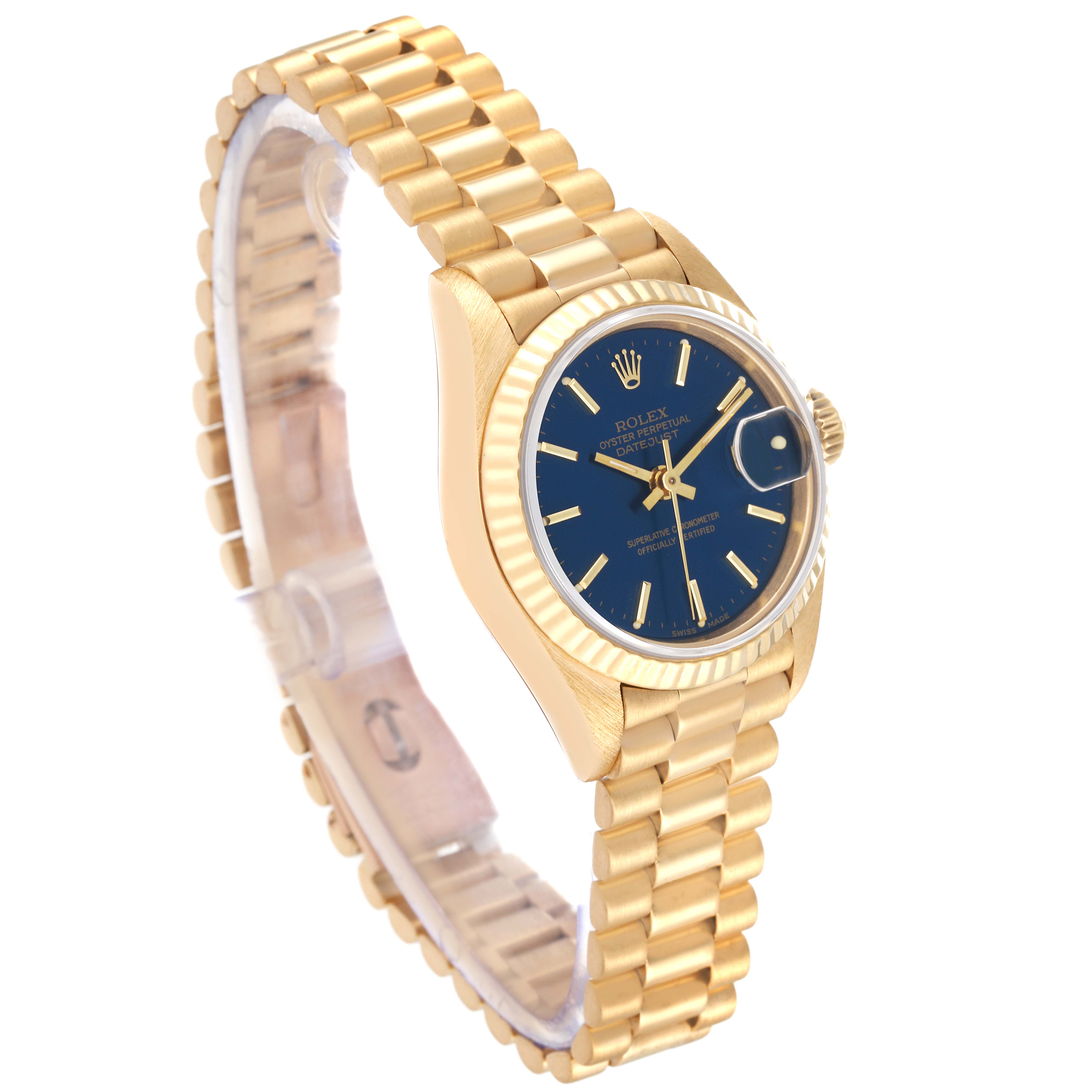 The image shows a Rolex President 69178 Women's Yellow Gold Blue Dial 69178 Women's Yellow Gold Blue Dial model watch from an angled side view, displaying the band and face with a blue dial.