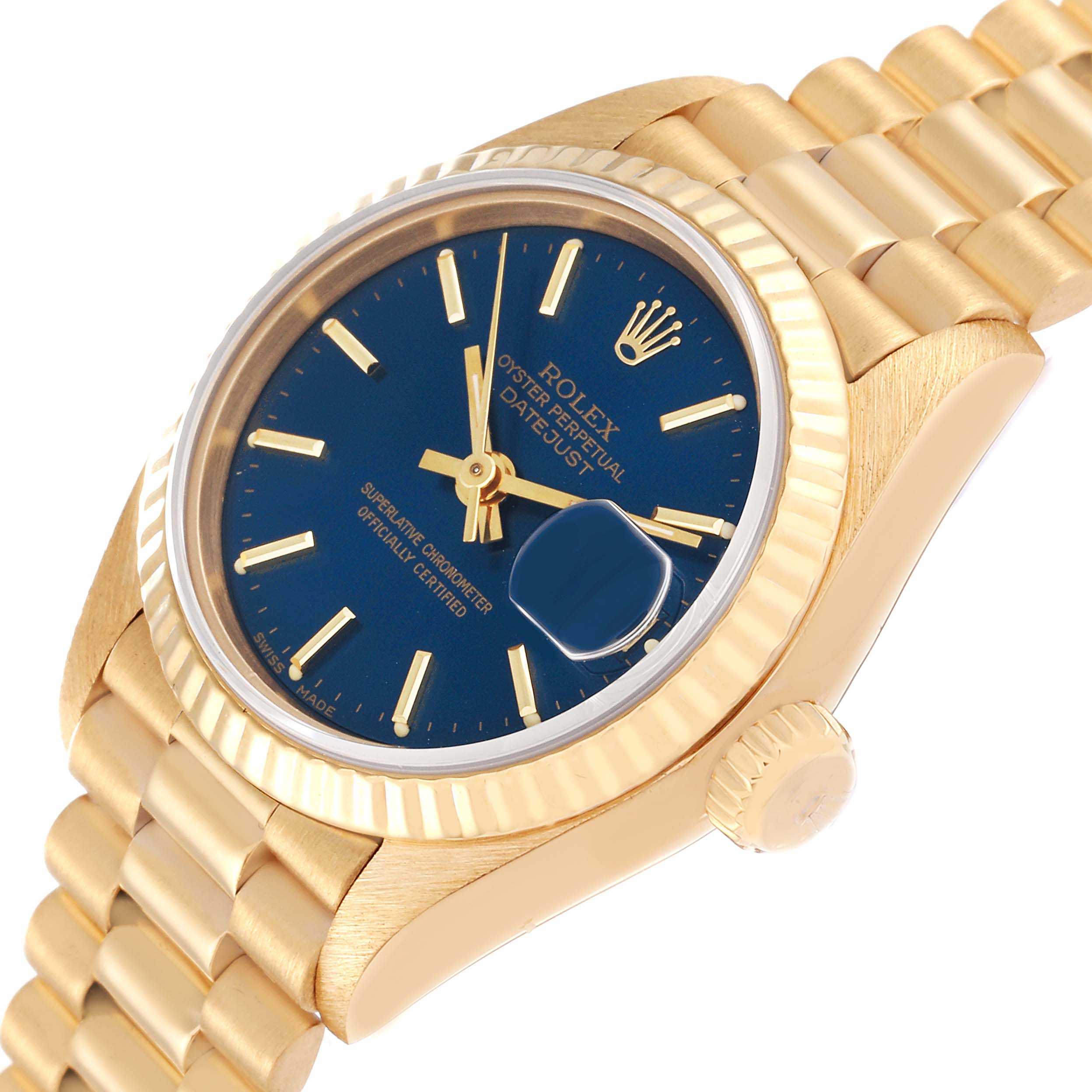 The image shows a Rolex President 69178 Women's Yellow Gold Blue Dial 69178 Women's Yellow Gold Blue Dial model watch at a slight side angle, highlighting the blue dial, fluted bezel, and gold bracelet.