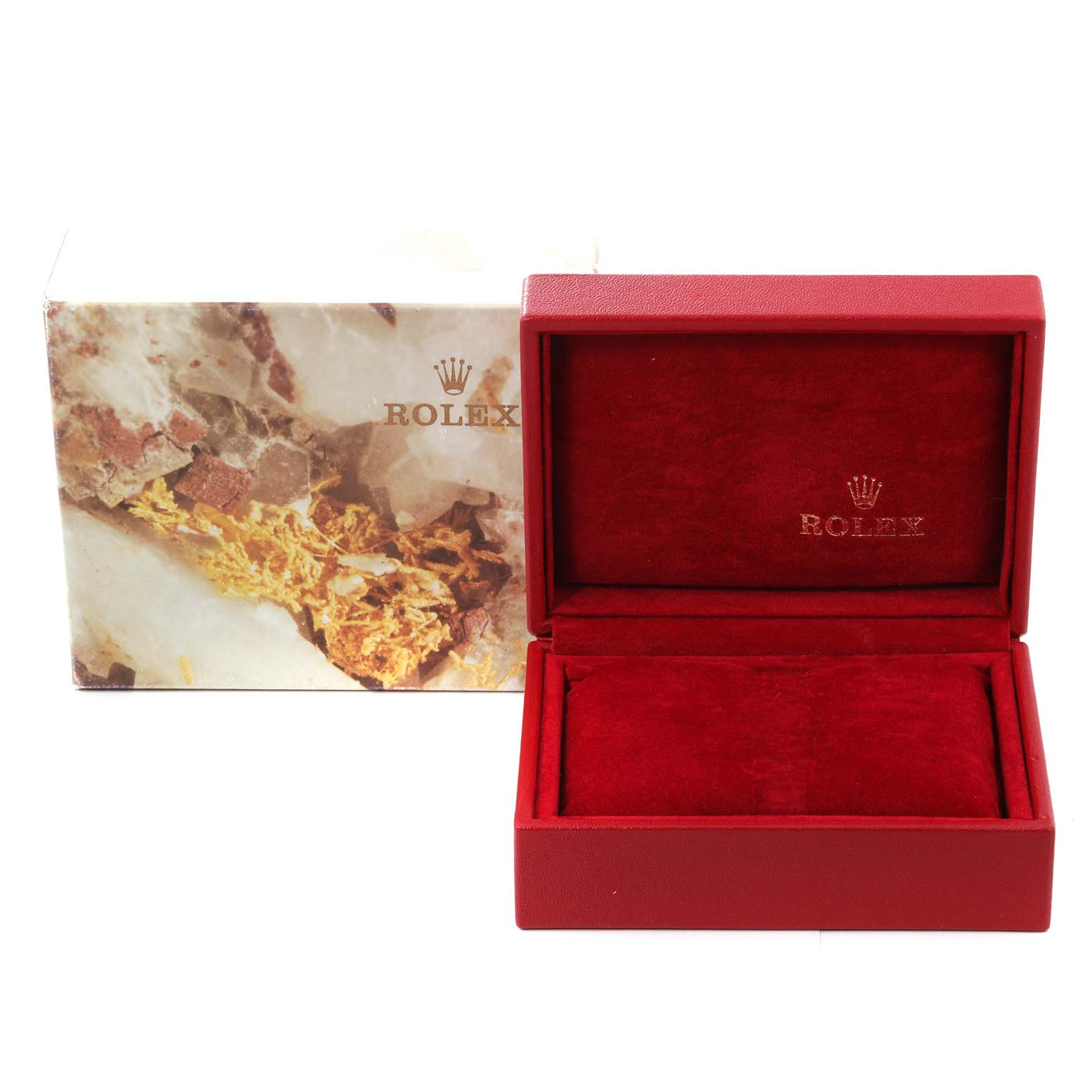 The image displays an open red Rolex box for the President model, including the outer box with the Rolex logo.
