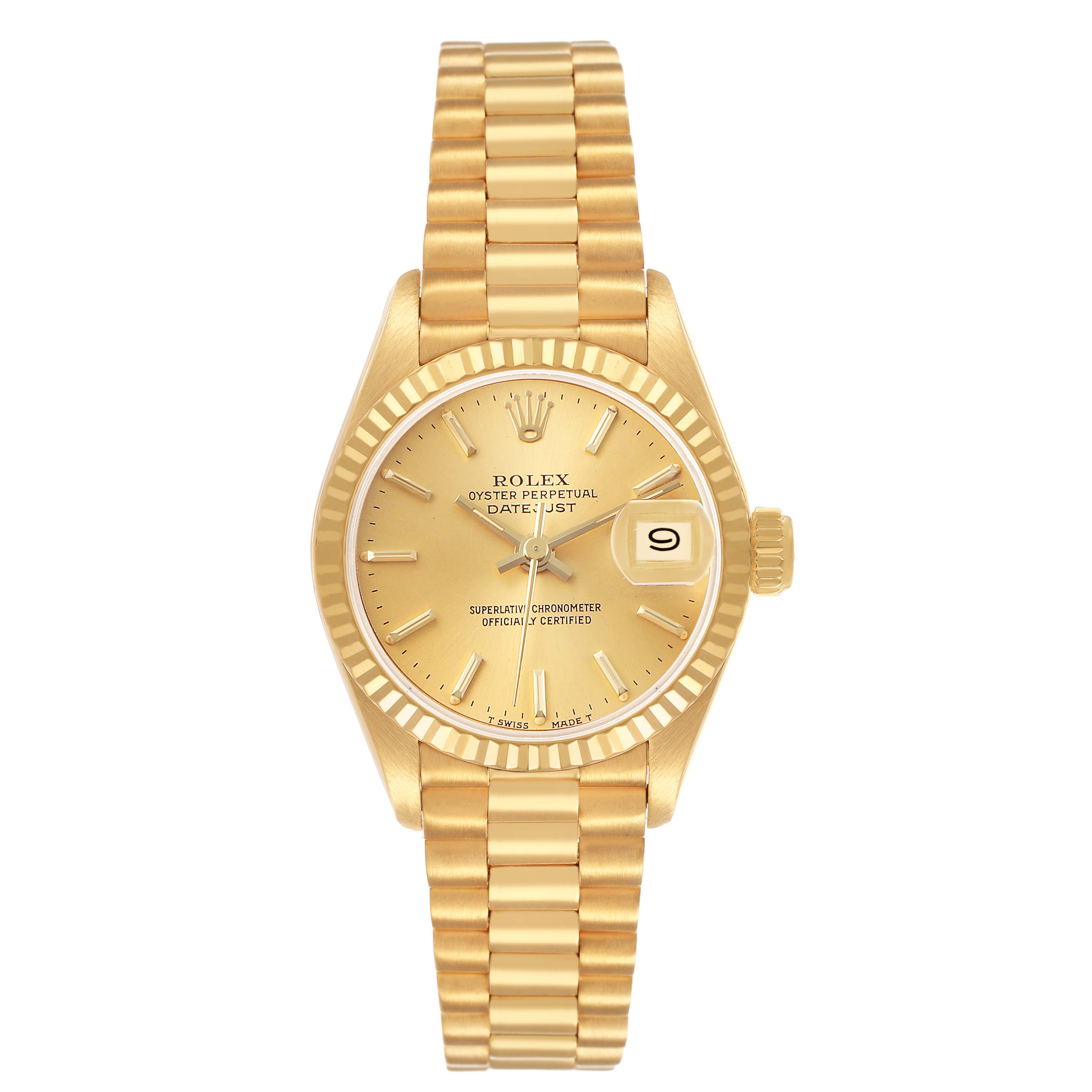 The Rolex President 69178 Women's Yellow Gold Champagne Dial model watch is shown from a top-down angle, displaying its dial, hands, date window, and bracelet.