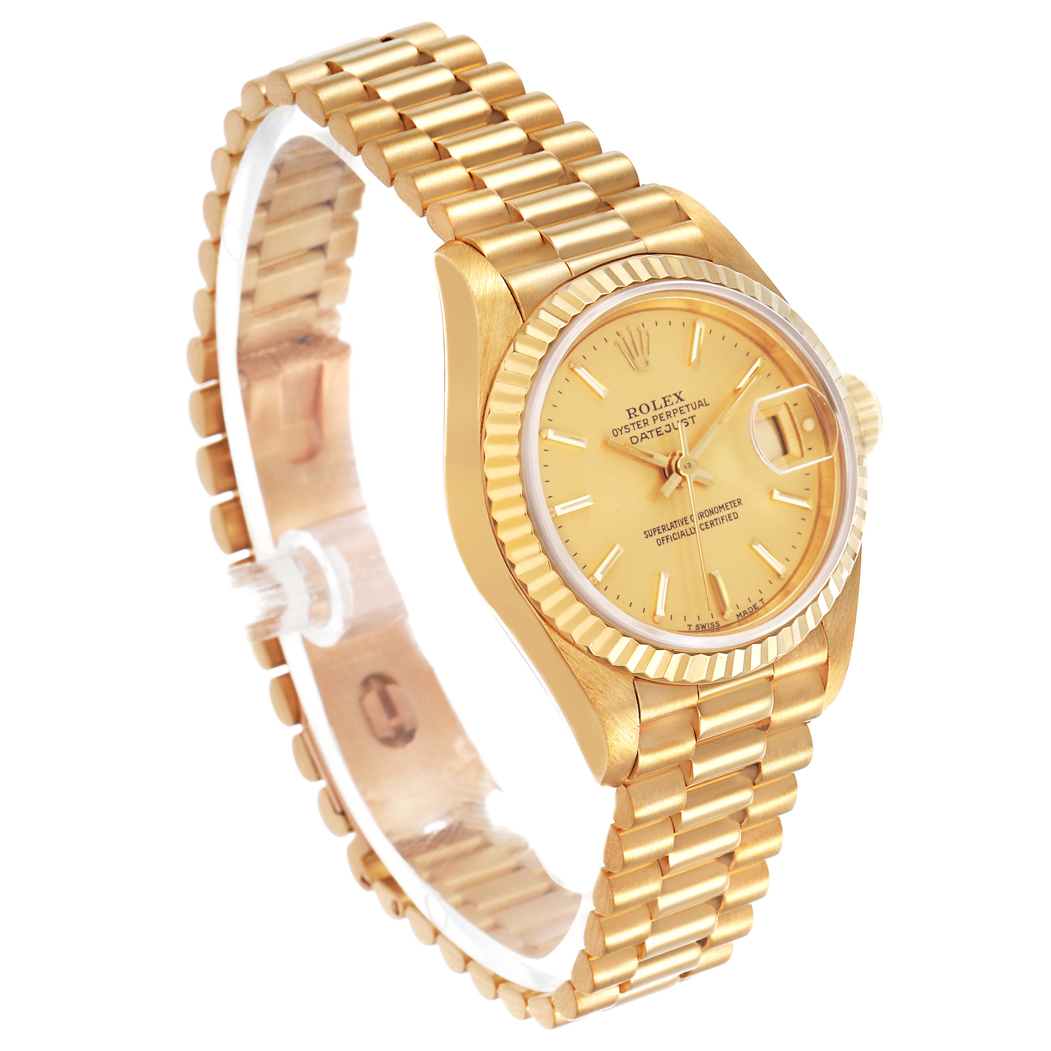 The Rolex President 69178 Women's Yellow Gold Champagne Dial model watch is shown at a three-quarter angle, displaying the bracelet, face, bezel, and crown.
