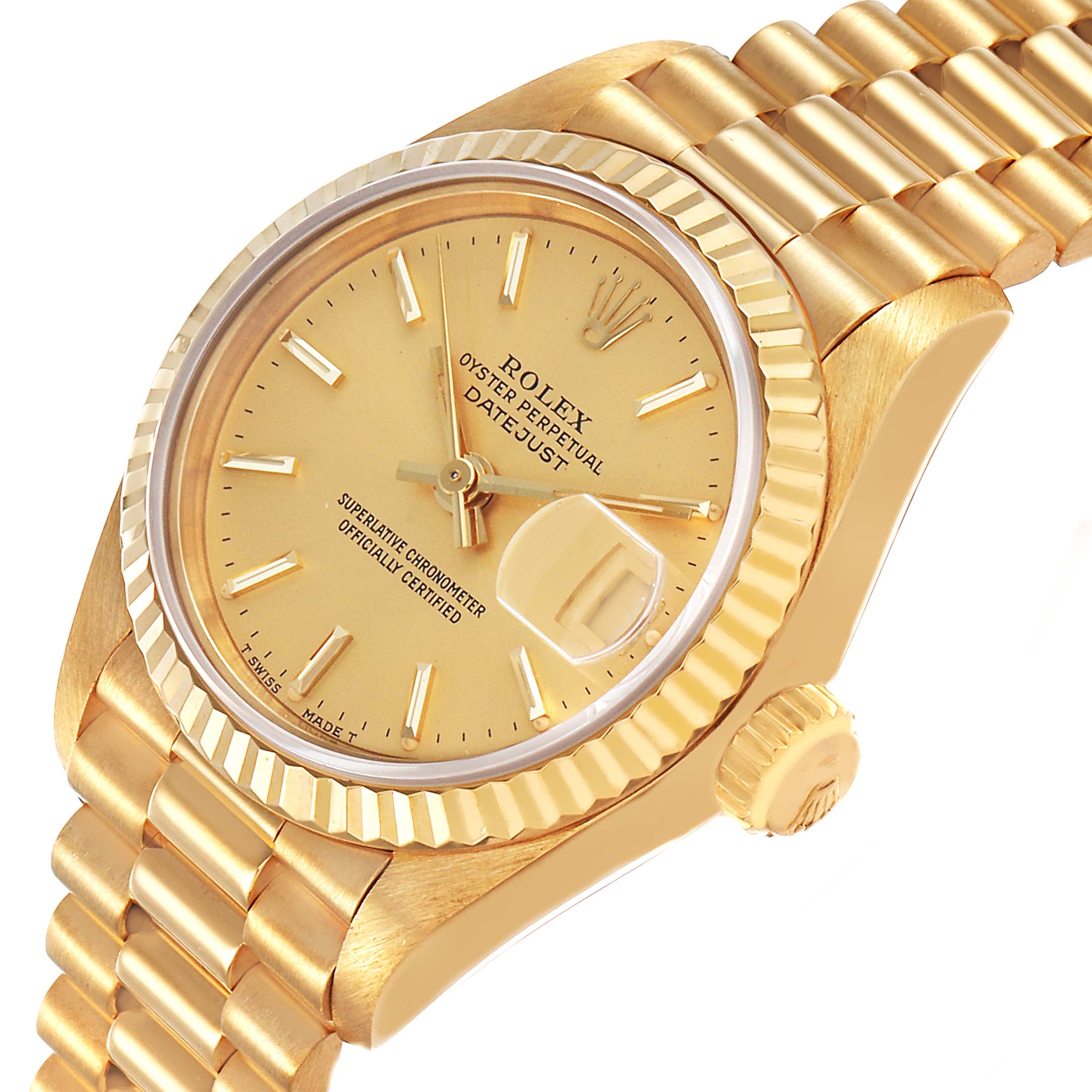 The Rolex President 69178 Women's Yellow Gold Champagne Dial watch is shown at a slight angle displaying the face, fluted bezel, crown, and part of the bracelet.