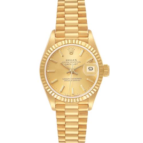 The image shows a frontal view of a Rolex President 69178 Women's Yellow Gold Champagne Dial model watch, highlighting its gold bracelet, dial, and fluted bezel.