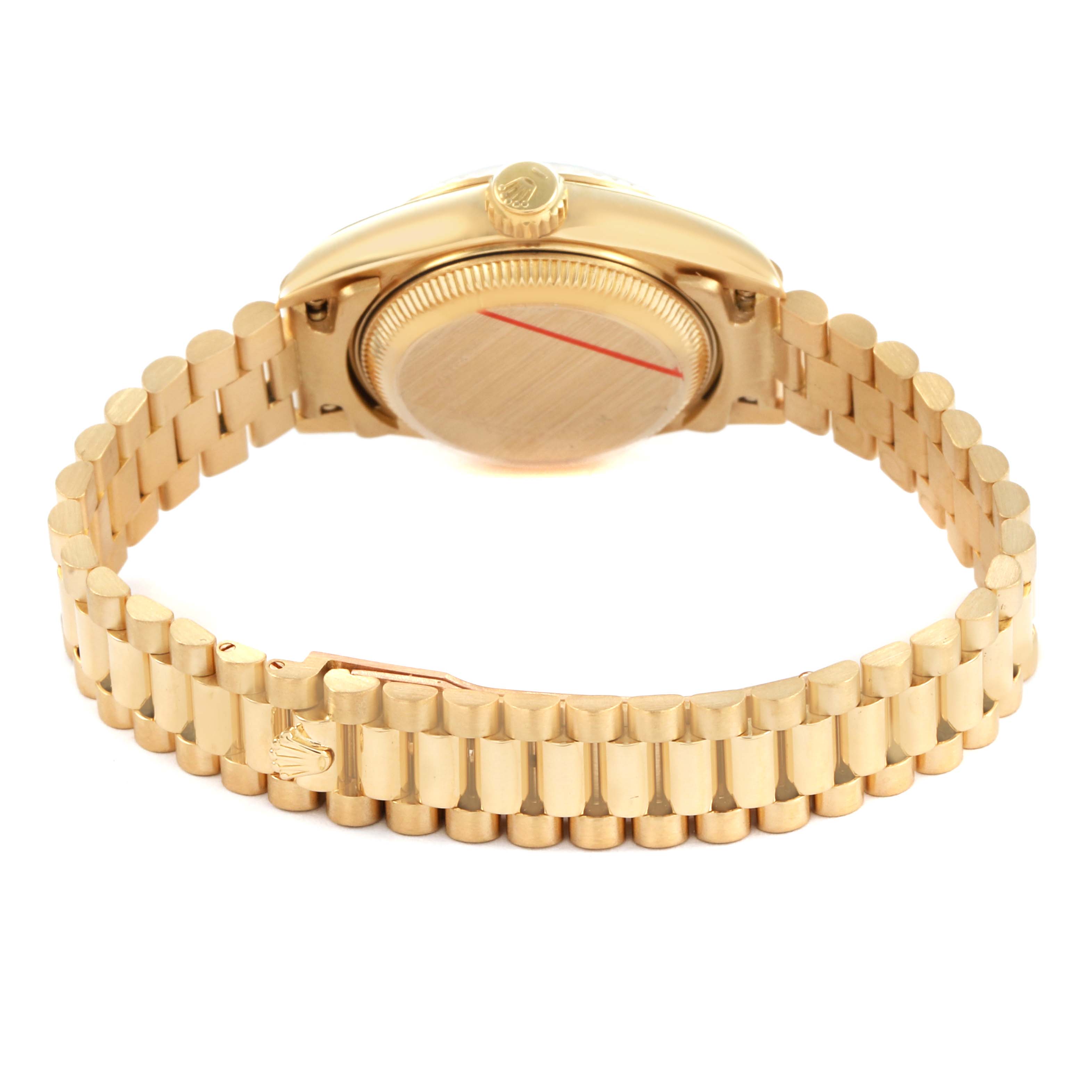 The image shows the back and side of a Rolex President 69178 Women's Yellow Gold Champagne Dial model, highlighting the case and the gold bracelet with the deployment clasp.