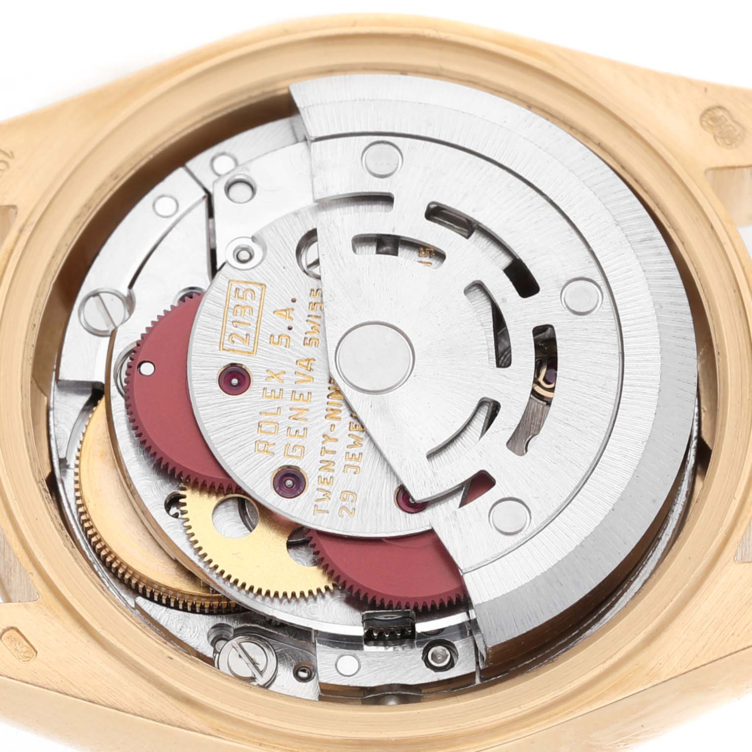 The image shows the internal movement mechanism of a Rolex President 69178 Women's Yellow Gold Champagne Dial watch from a top-down angle.