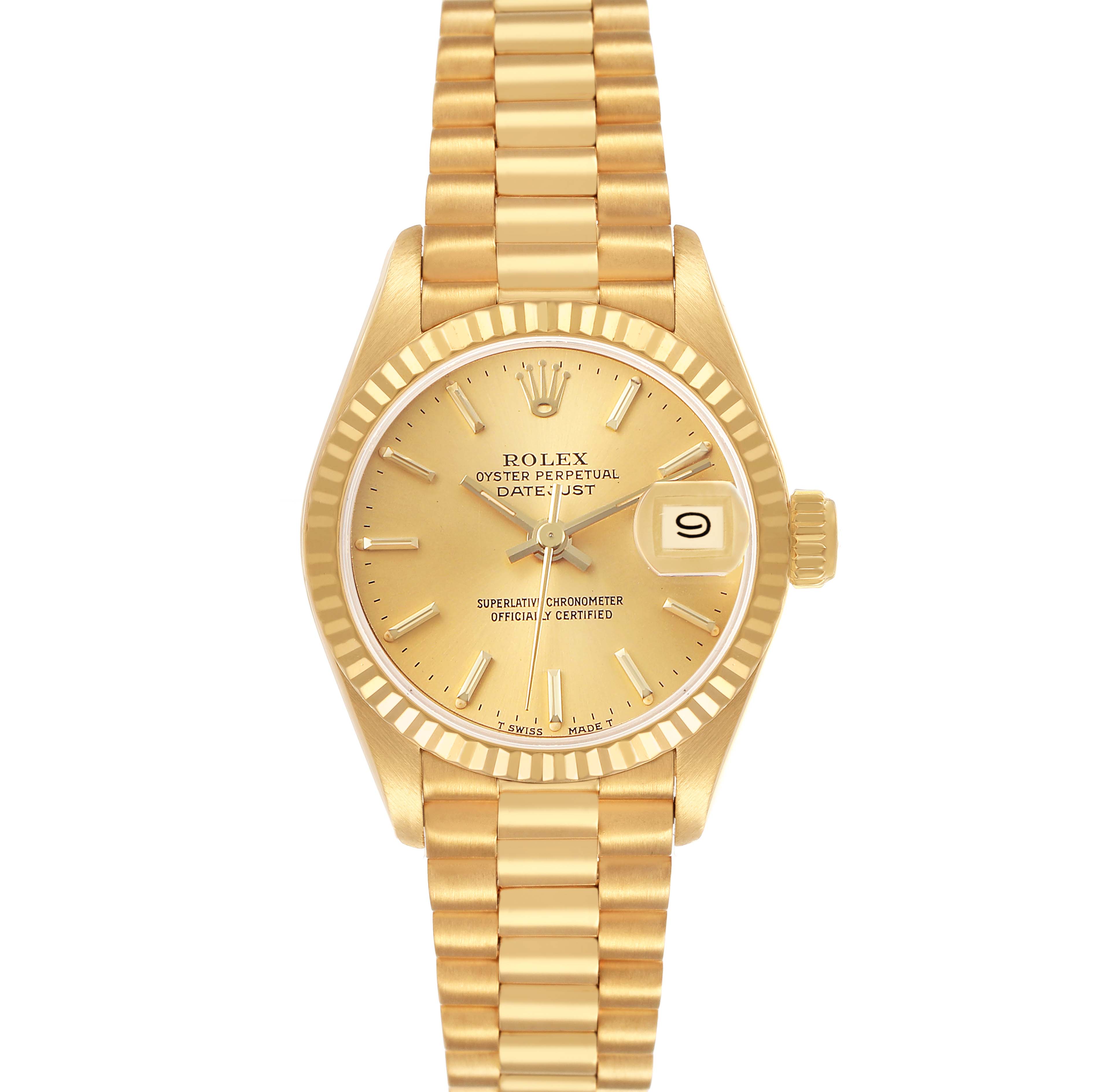 The Rolex President 69178 Women's Yellow Gold Champagne Dial model is shown from a frontal angle, highlighting its gold dial, fluted bezel, and President bracelet.
