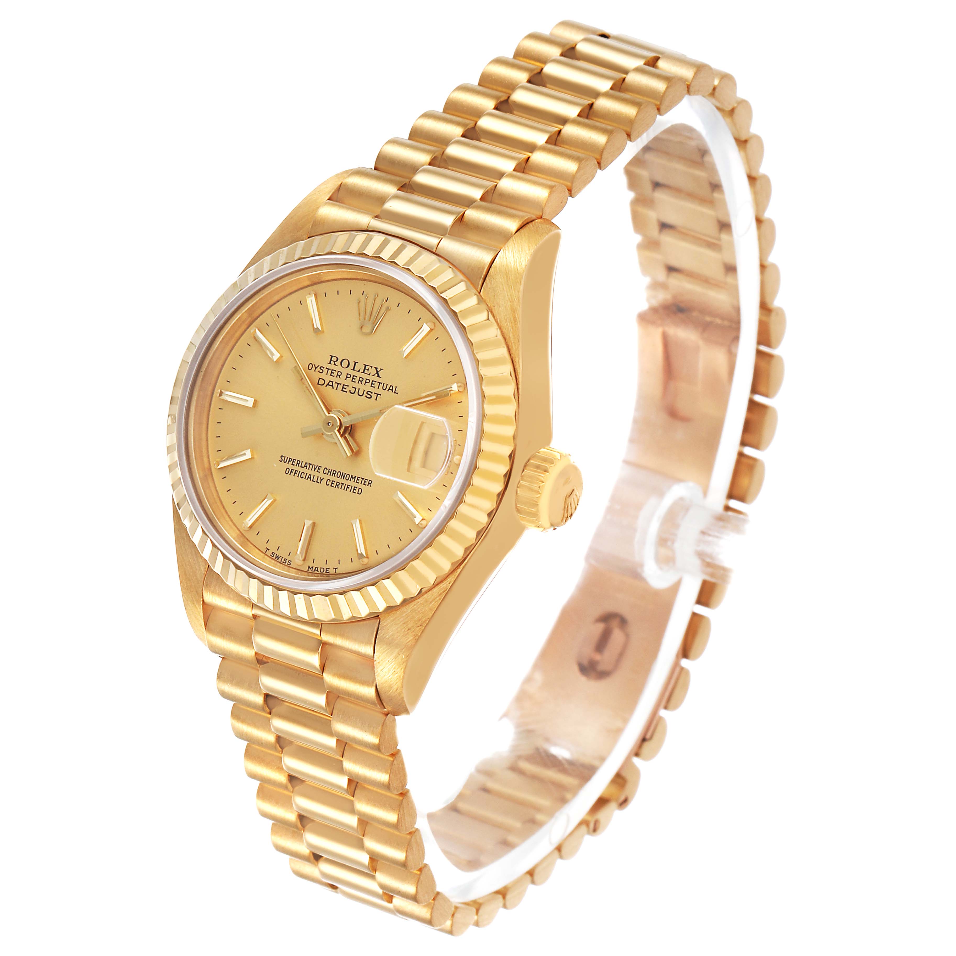 The Rolex President 69178 Women's Yellow Gold Champagne Dial model is shown at a three-quarter angle, highlighting its gold case, fluted bezel, dial, crown, and the president bracelet.