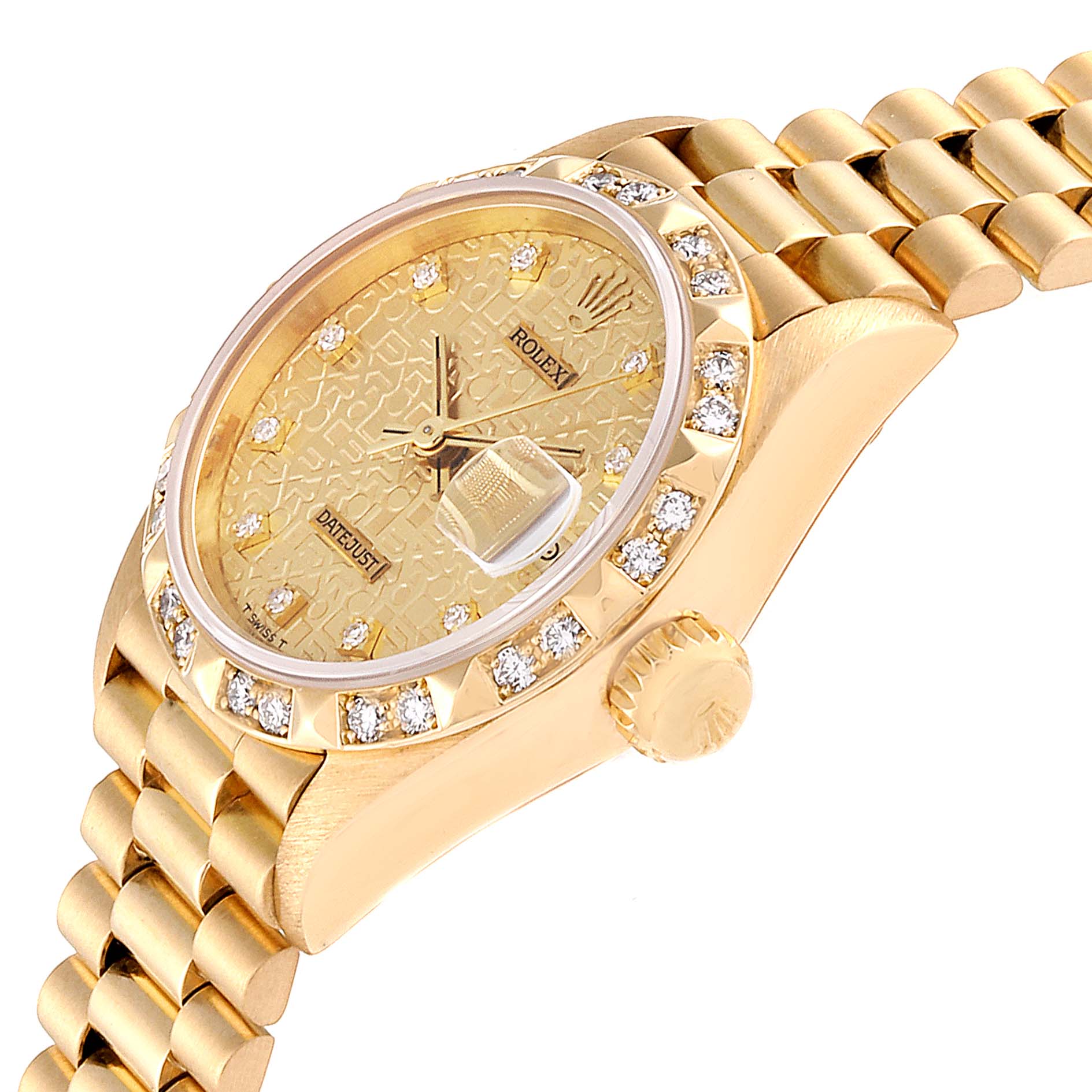 The image shows a close-up side angle of the Rolex President 69258 Women
s Yellow Gold Champagne Dial 69258 Women
s Yellow Gold Champagne Dial model watch, highlighting the dial, bezel, and bracelet.