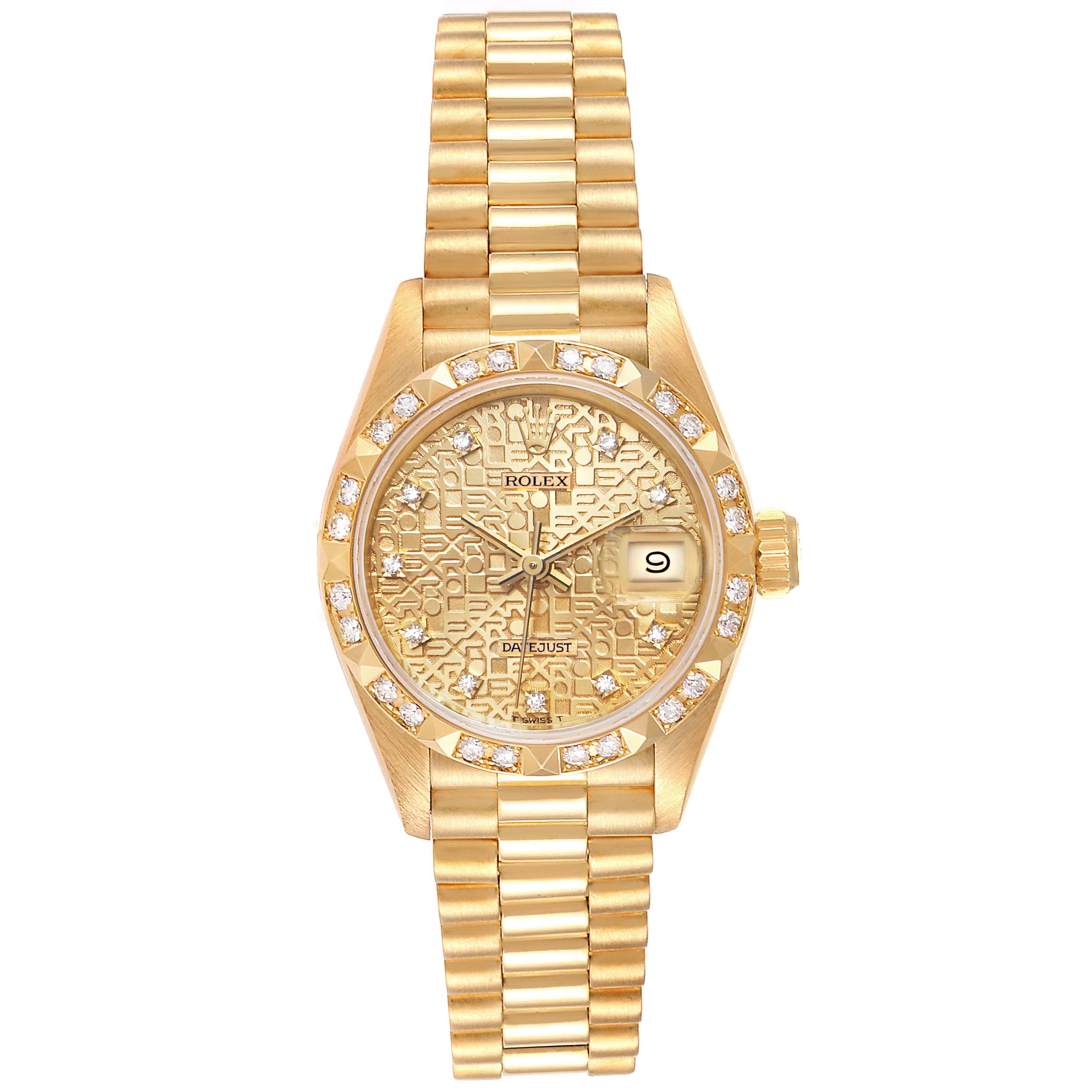 The image shows a frontal view of a Rolex President 69258 Women
s Yellow Gold Champagne Dial 69258 Women
s Yellow Gold Champagne Dial model watch, featuring a gold bracelet, diamond bezel, and patterned dial with date display.