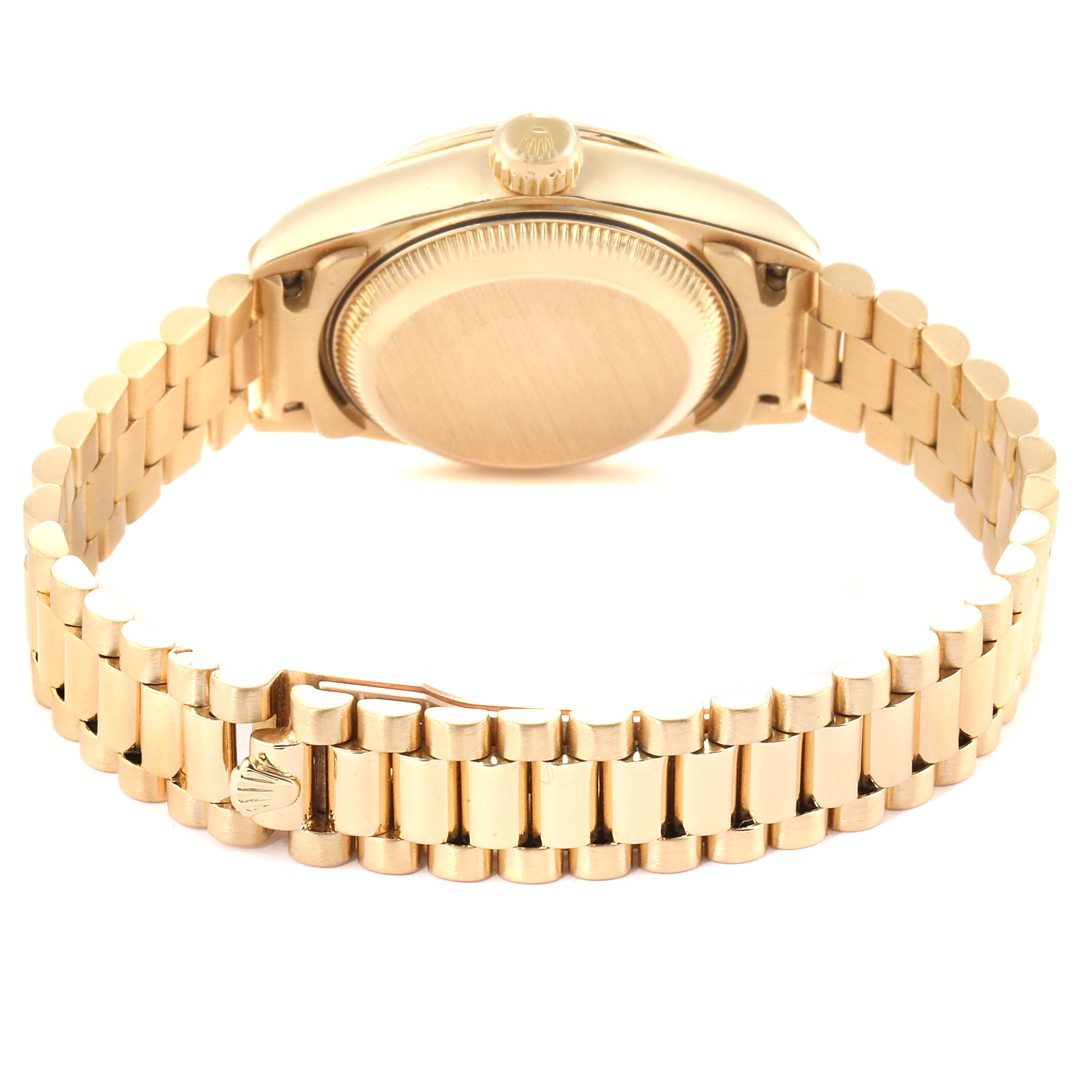 This image shows the back and bracelet of a Rolex President 69258 Women
s Yellow Gold Champagne Dial 69258 Women
s Yellow Gold Champagne Dial model watch in gold.
