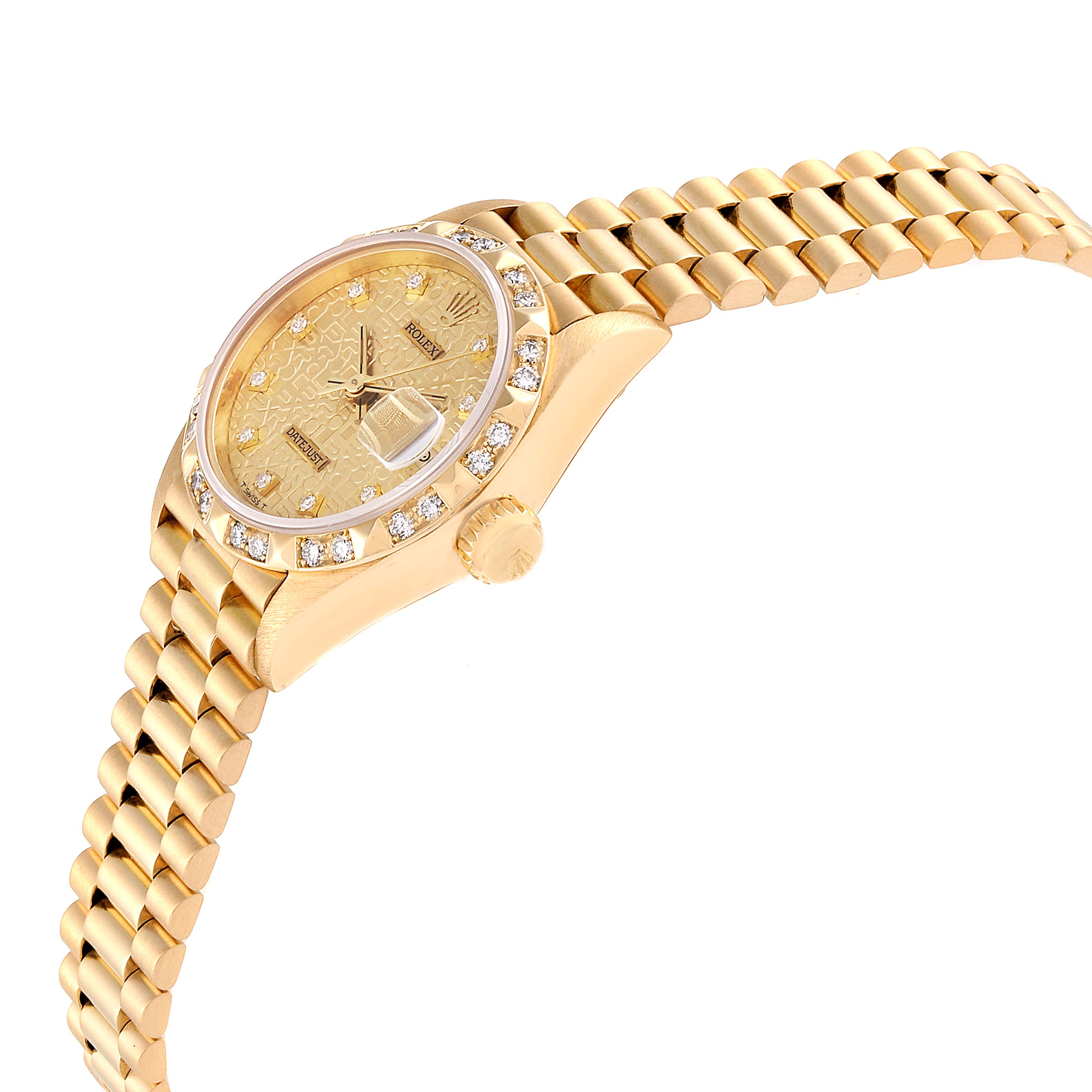 The Rolex President 69258 Women
s Yellow Gold Champagne Dial 69258 Women
s Yellow Gold Champagne Dial model watch is shown at a slight top-side angle, highlighting the dial, bezel, crown, and bracelet.