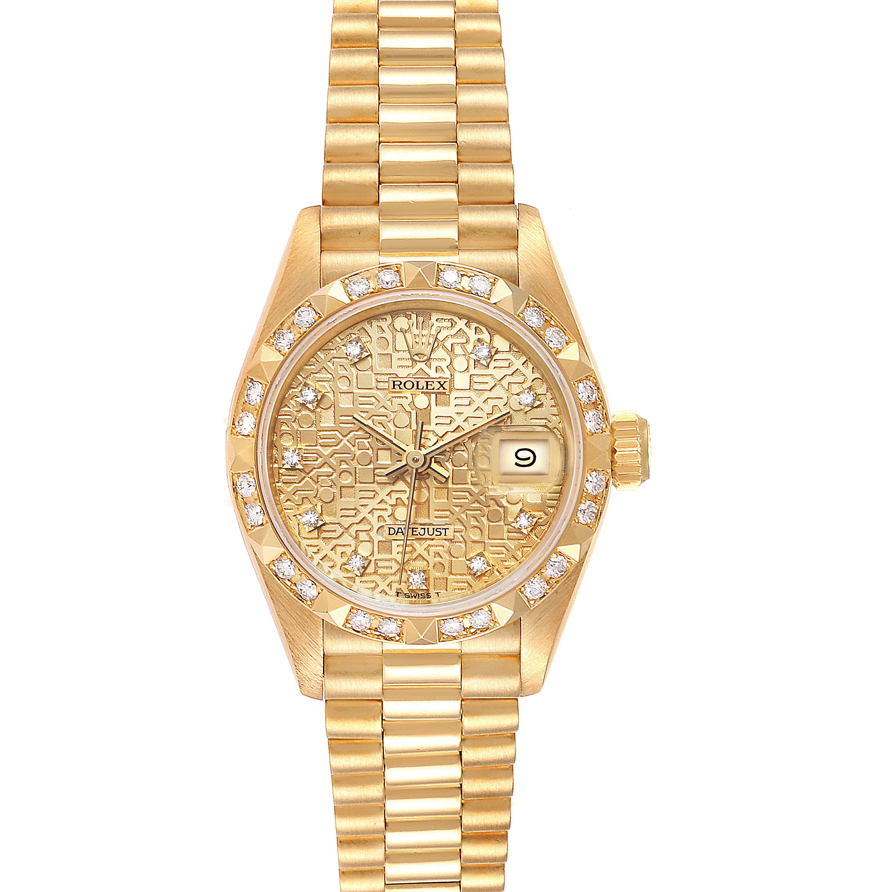 The image shows a Rolex President 69258 Women
s Yellow Gold Champagne Dial 69258 Women
s Yellow Gold Champagne Dial watch, featuring its face, bracelet, bezel with diamond adornments, and date display.