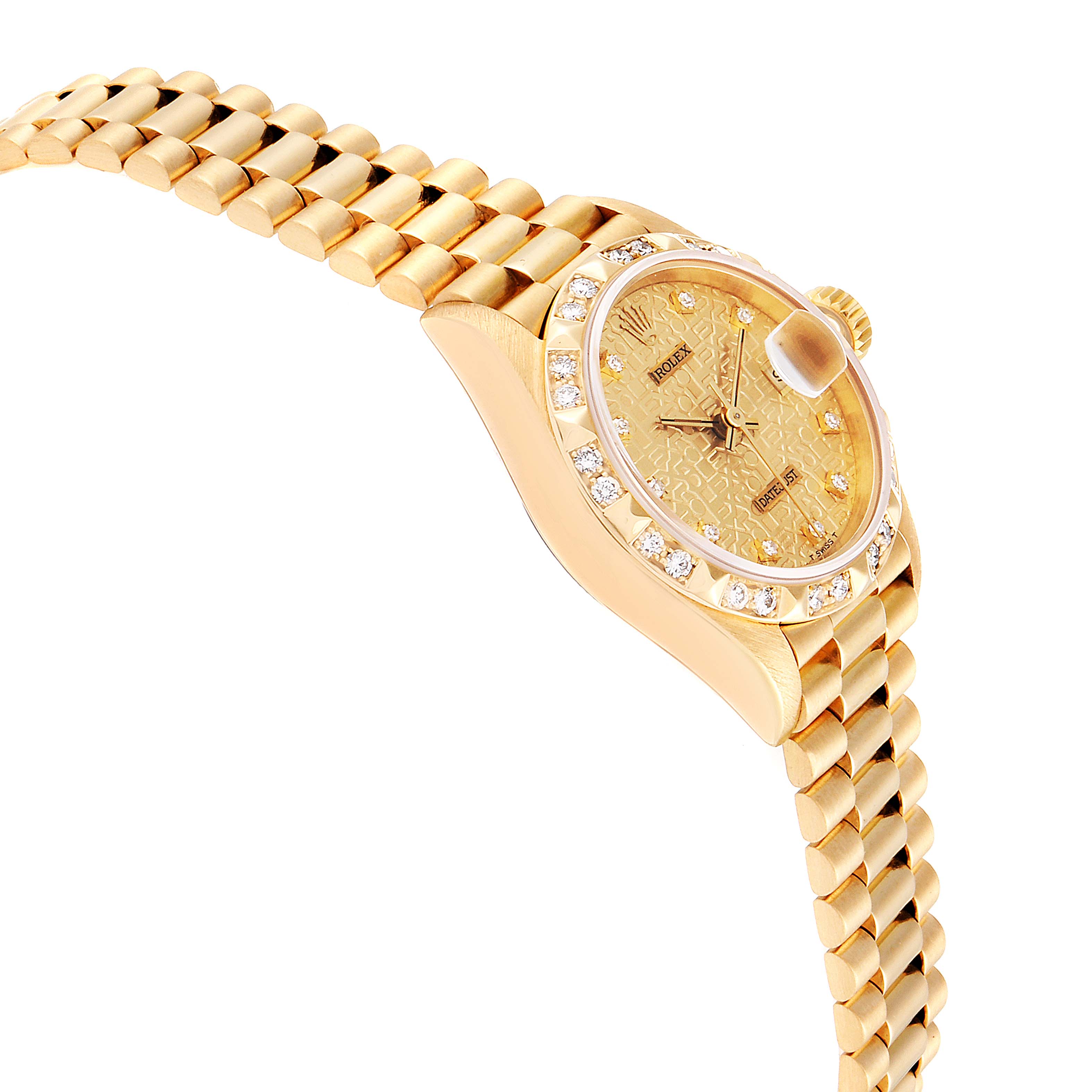 This Rolex President 69258 Women
s Yellow Gold Champagne Dial 69258 Women
s Yellow Gold Champagne Dial model watch is shown from a side-angle, highlighting the strap, case, bezel, and dial.